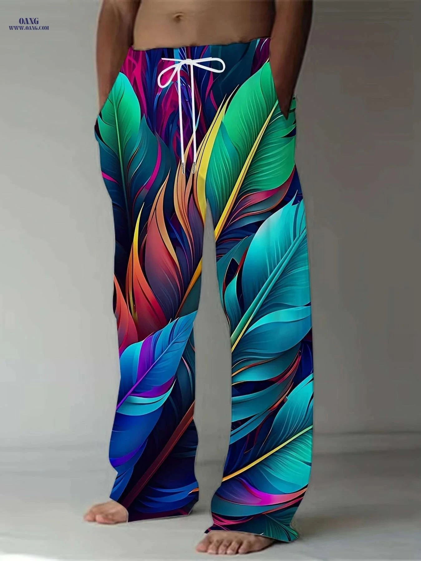 Men's Vibrant Feather Print Pants - Casual Straight-Leg, Drawstring Fit   OAXG Mixed Color / M