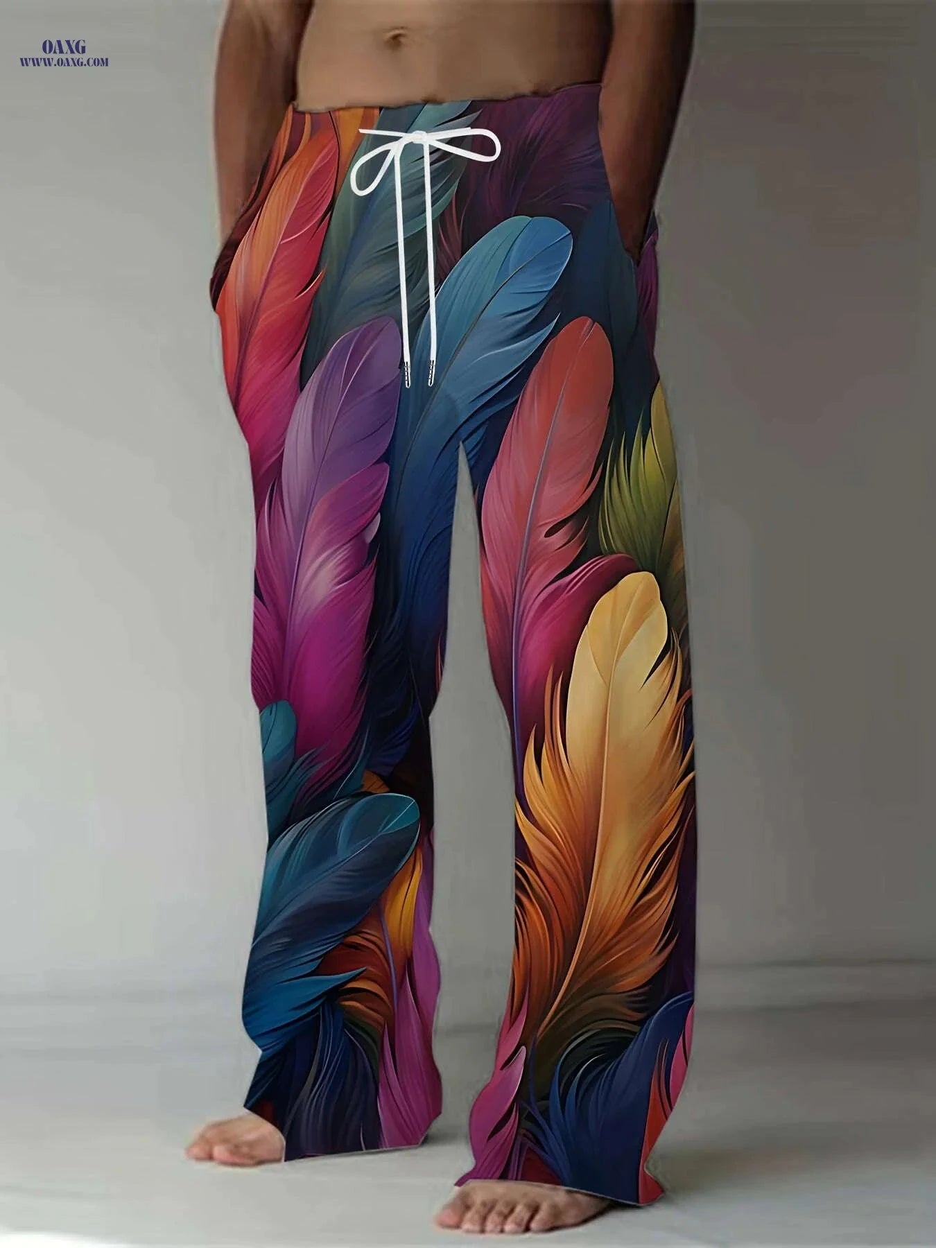 Men's Vibrant Feather Print Pants - Casual Straight-Leg, Drawstring Fit   OAXG Mixed Color / M