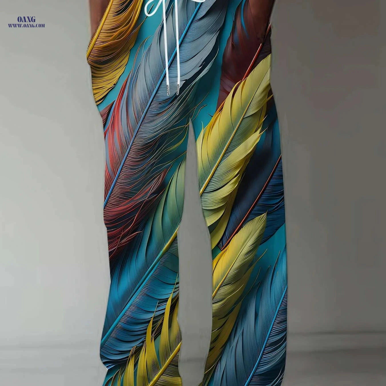 Men's Vibrant Feather Print Pants - Casual Straight-Leg, Drawstring Fit   OAXG Mixed Color / M