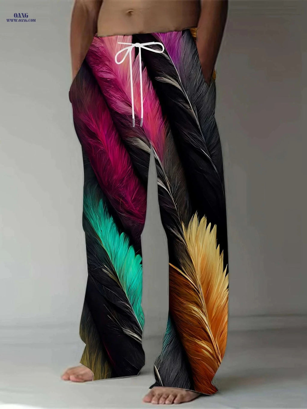 Men's Vibrant Feather Print Pants - Casual Straight-Leg, Drawstring Fit   OAXG Mixed Color / M