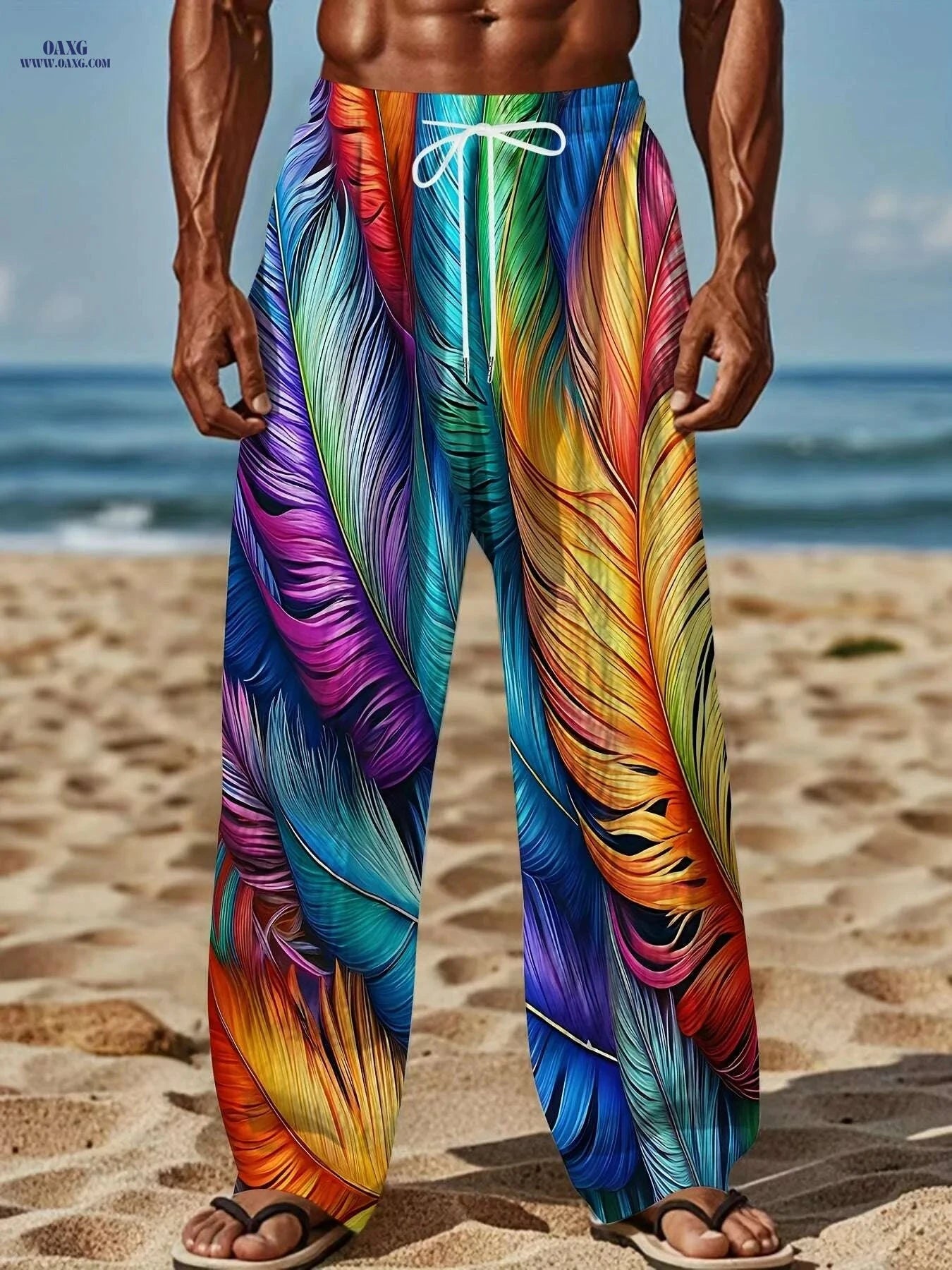 Men's Vibrant Feather Print Pants - Casual Straight-Leg, Drawstring Fit   OAXG Mixed Color / M