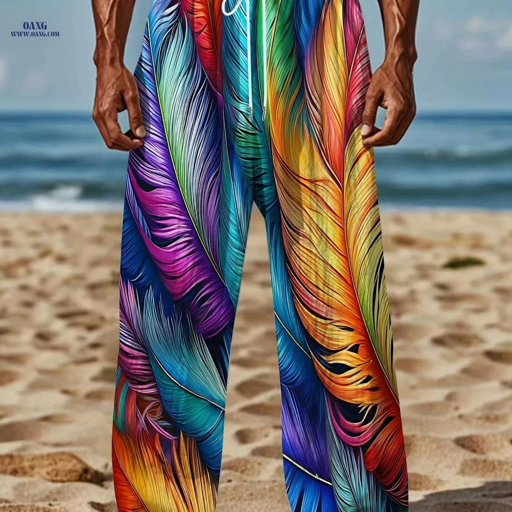 Men's Vibrant Feather Print Pants - Casual Straight-Leg, Drawstring Fit   OAXG 