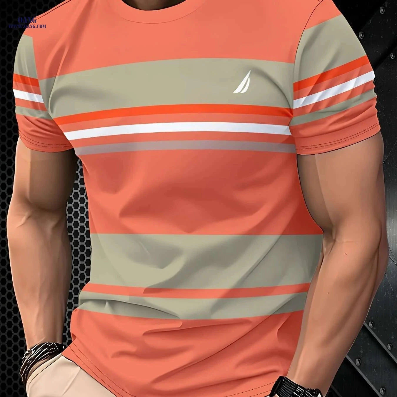Men's Vibrant Orange Striped Tee - Short Sleeve Casual T-Shirt   OAXG Tangerine Red Color / S