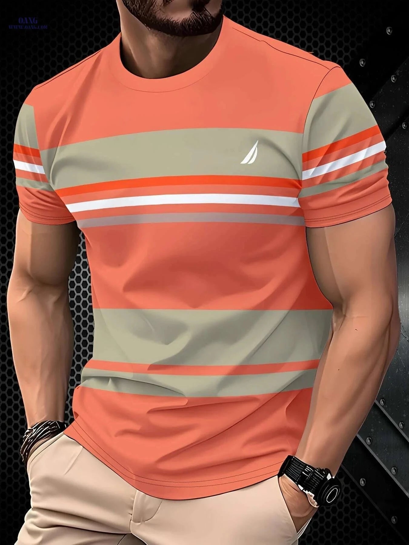 Men's Vibrant Orange Striped Tee - Short Sleeve Casual T-Shirt   OAXG Tangerine Red Color / S