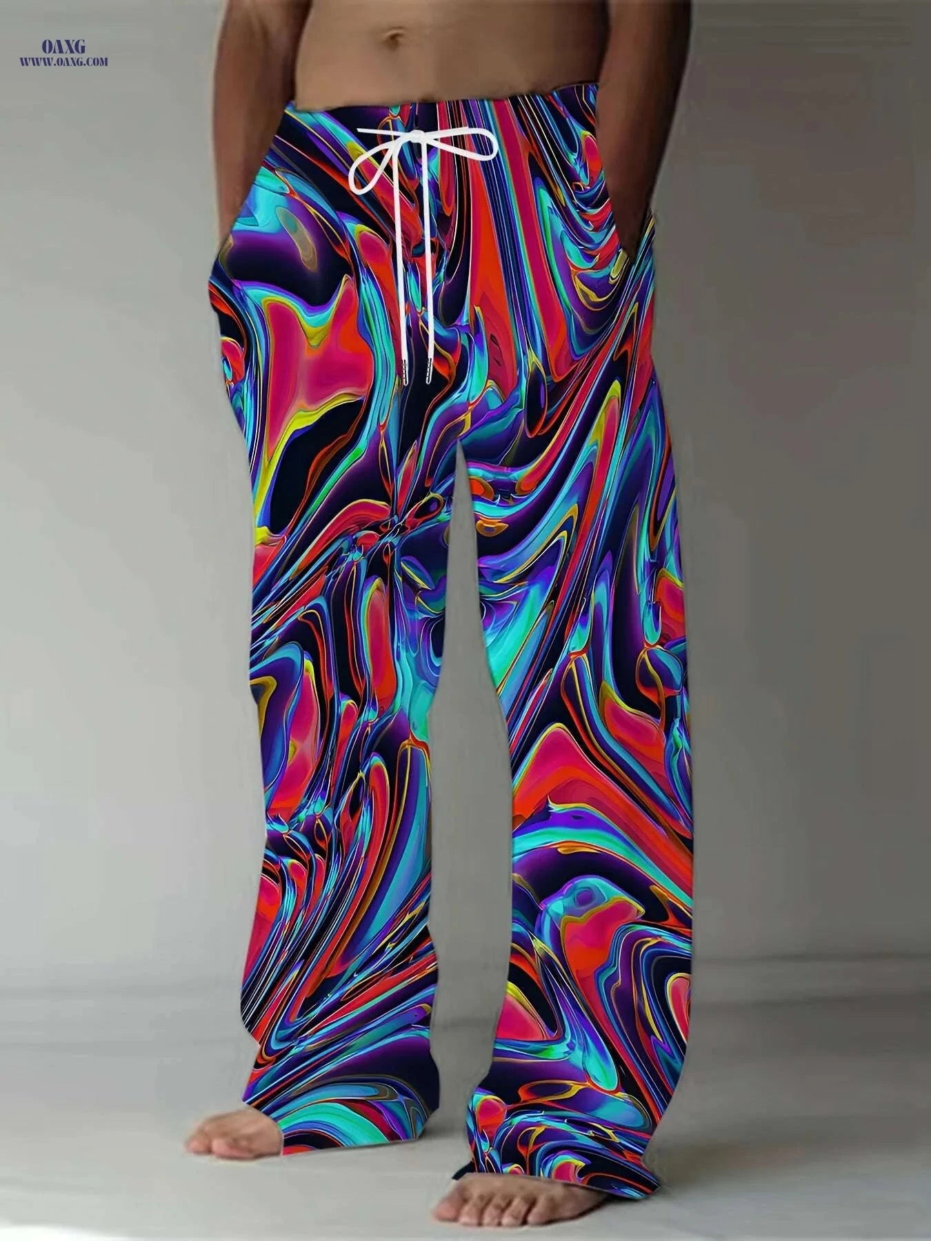 Men's Vibrant Tie-Dye Drawstring Pants - Casual Loose Fit, Stretch   OAXG 