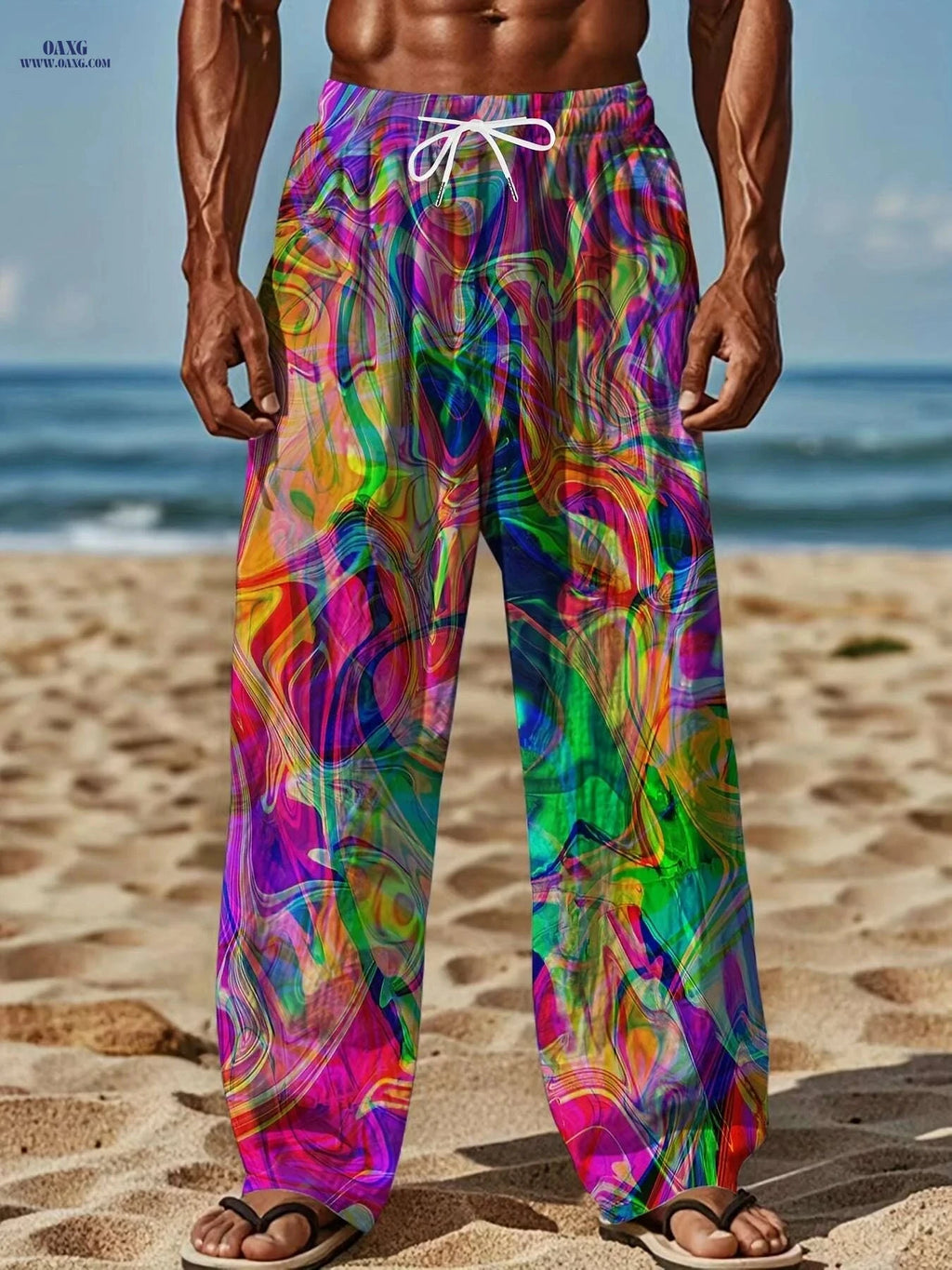 Men's Vibrant Tie-Dye Drawstring Pants - Casual Loose Fit, Stretch   OAXG Mixed Color / M