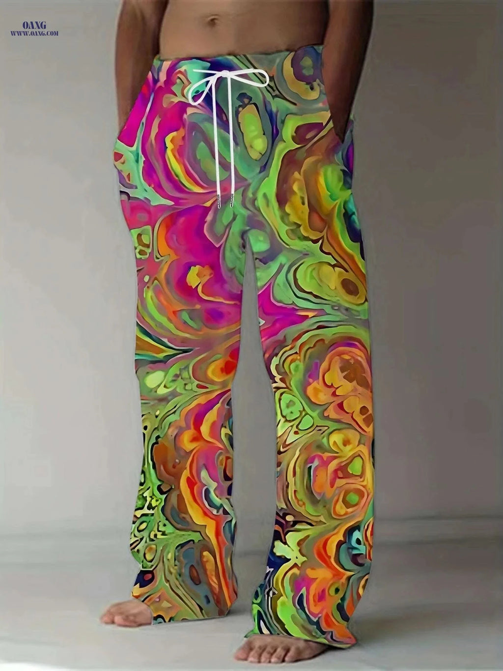 Men's Vibrant Tie-Dye Drawstring Pants - Casual Loose Fit, Stretch   OAXG Mixed Color / M