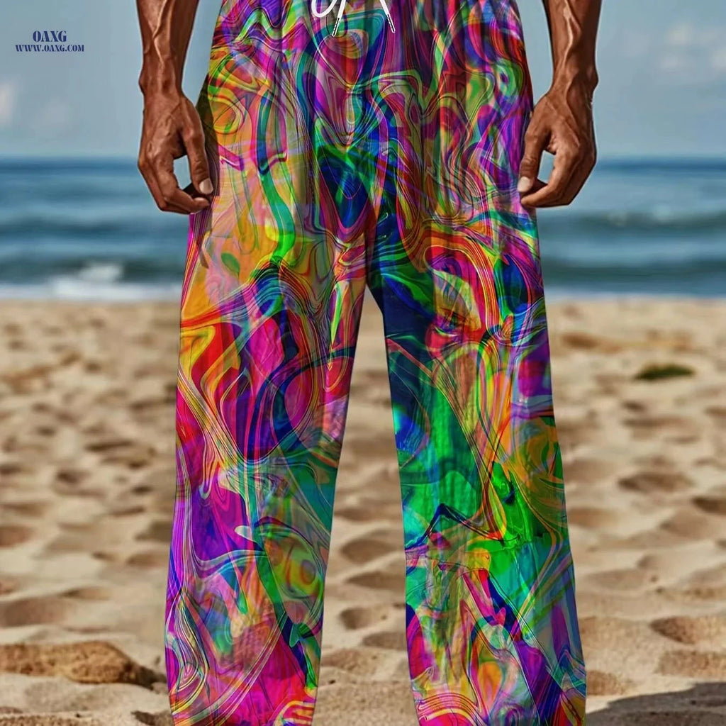 Men's Vibrant Tie-Dye Drawstring Pants - Casual Loose Fit, Stretch   OAXG Mixed Color / M