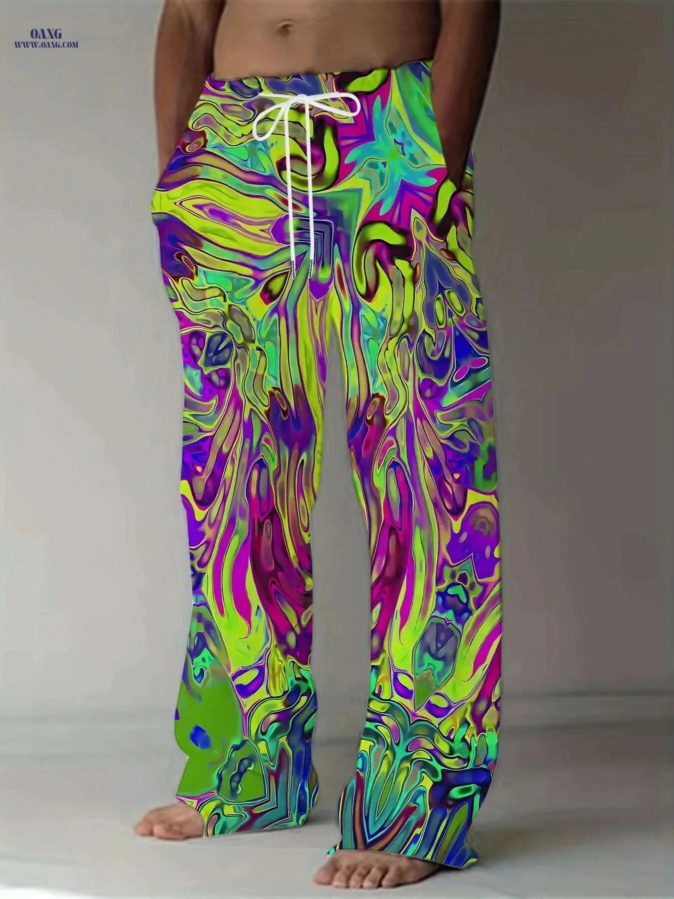 Men's Vibrant Tie-Dye Drawstring Pants - Casual Loose Fit, Stretch   OAXG Mixed Color / M