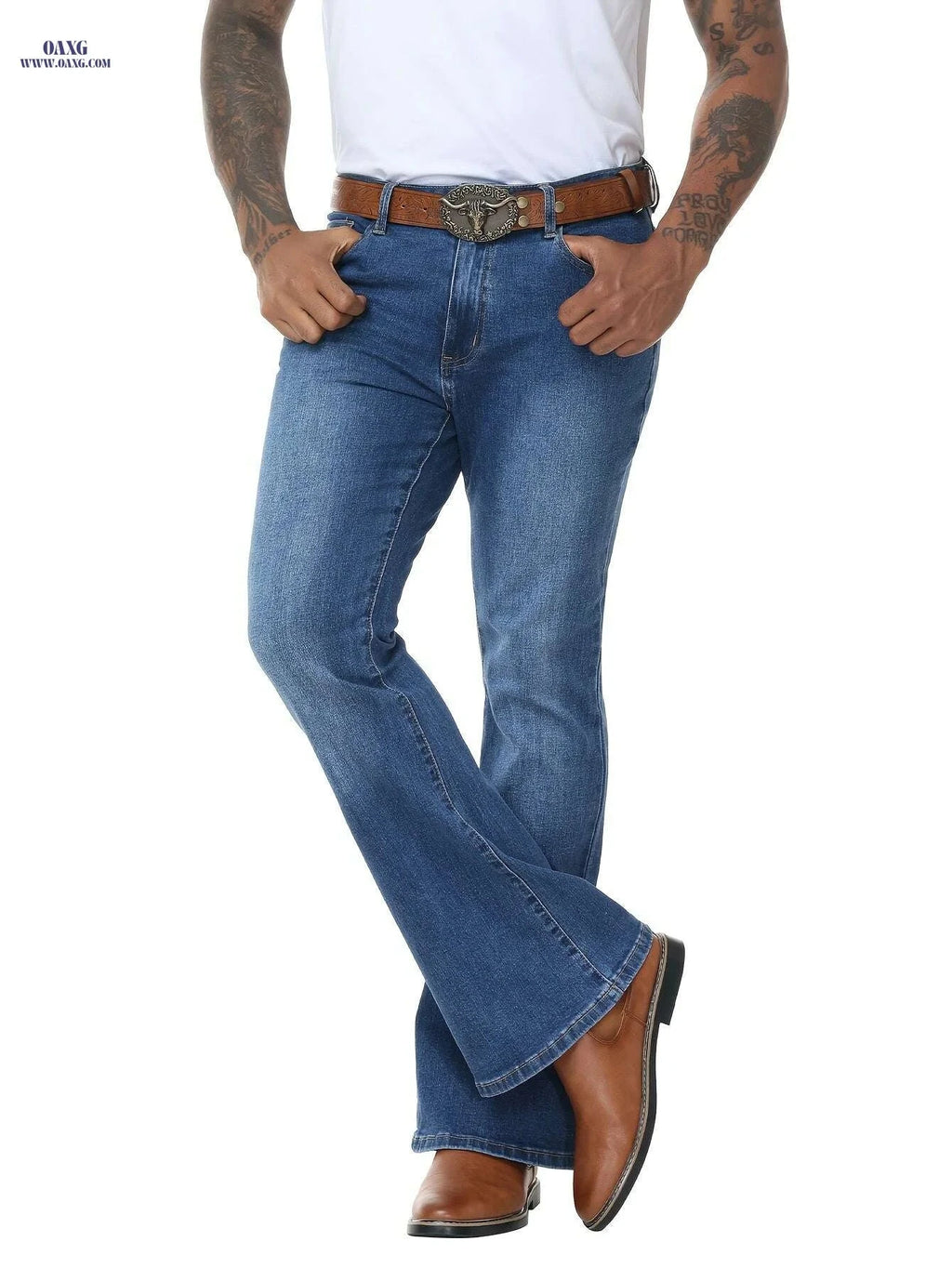 Men's Vintage 70s Bell Bottom Jeans - Wide-Leg Flare, Zipper Closure   OAXG 