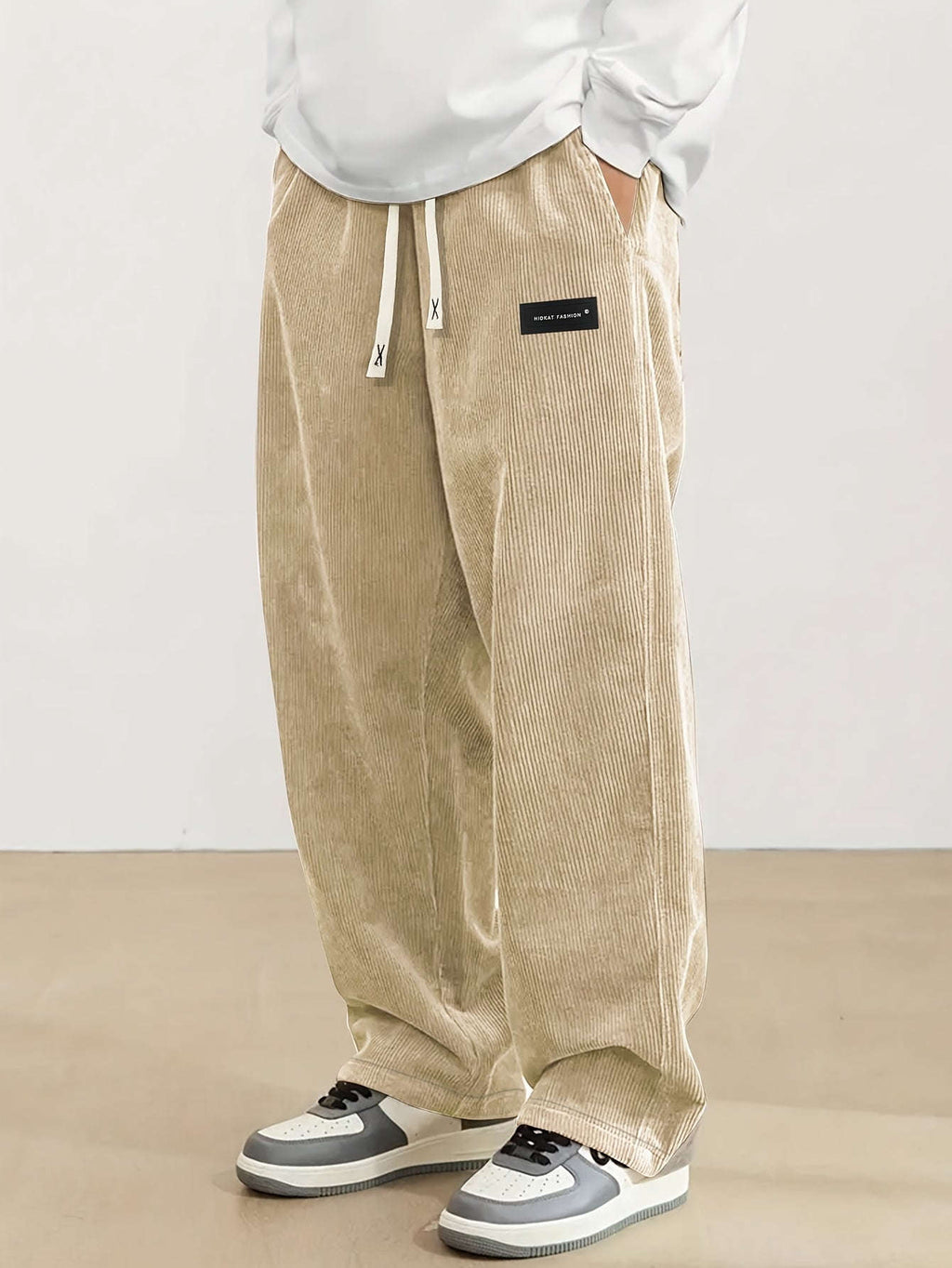Men's Vintage Corduroy Pants with Elastic Waist - Casual Straight-Leg   OAXG 