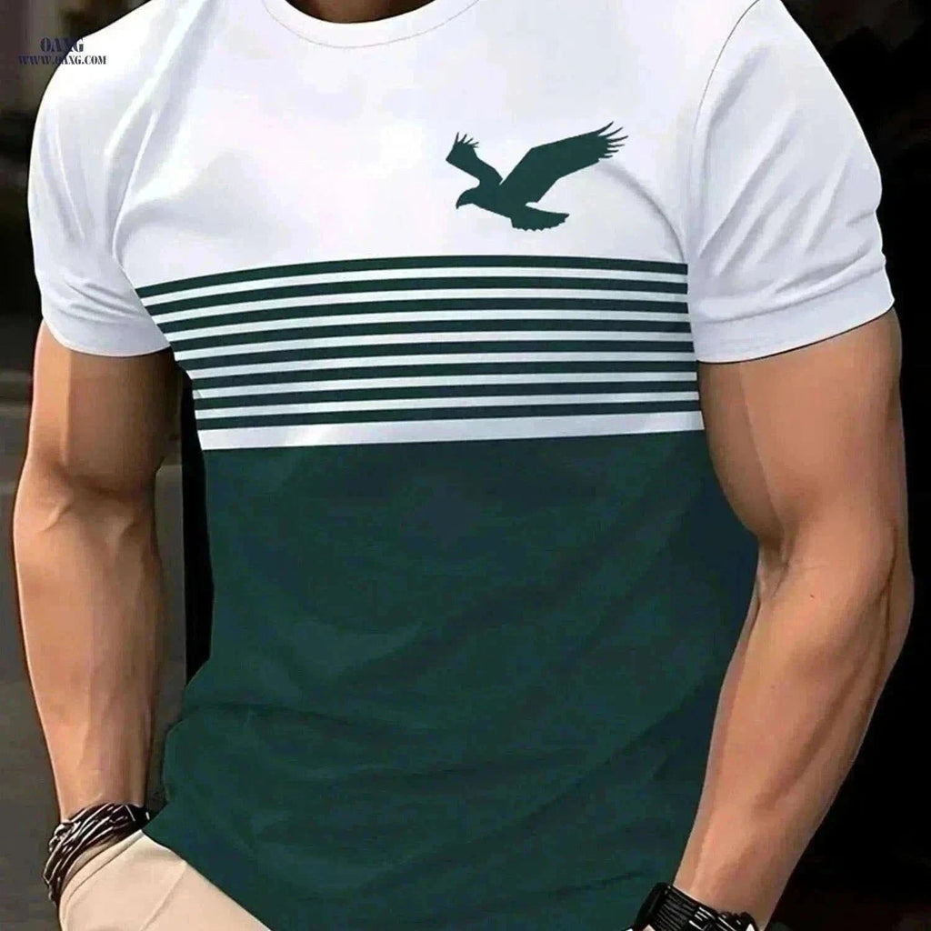 Men's Vintage Crew Neck T-Shirt - 3D Eagle Pattern, Casual Fit   OAXG Green / S