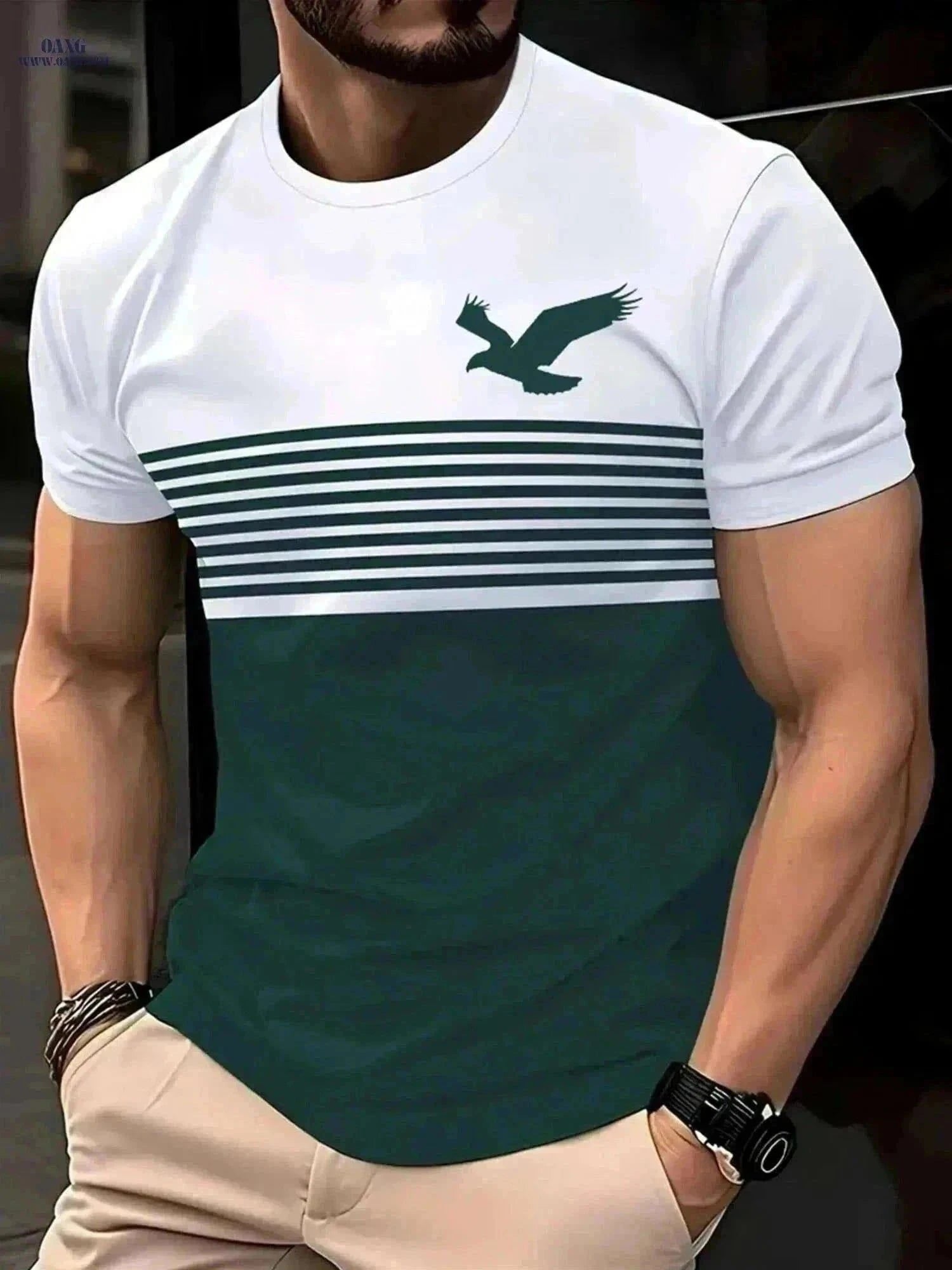 Men's Vintage Crew Neck T-Shirt - 3D Eagle Pattern, Casual Fit   OAXG Green / S