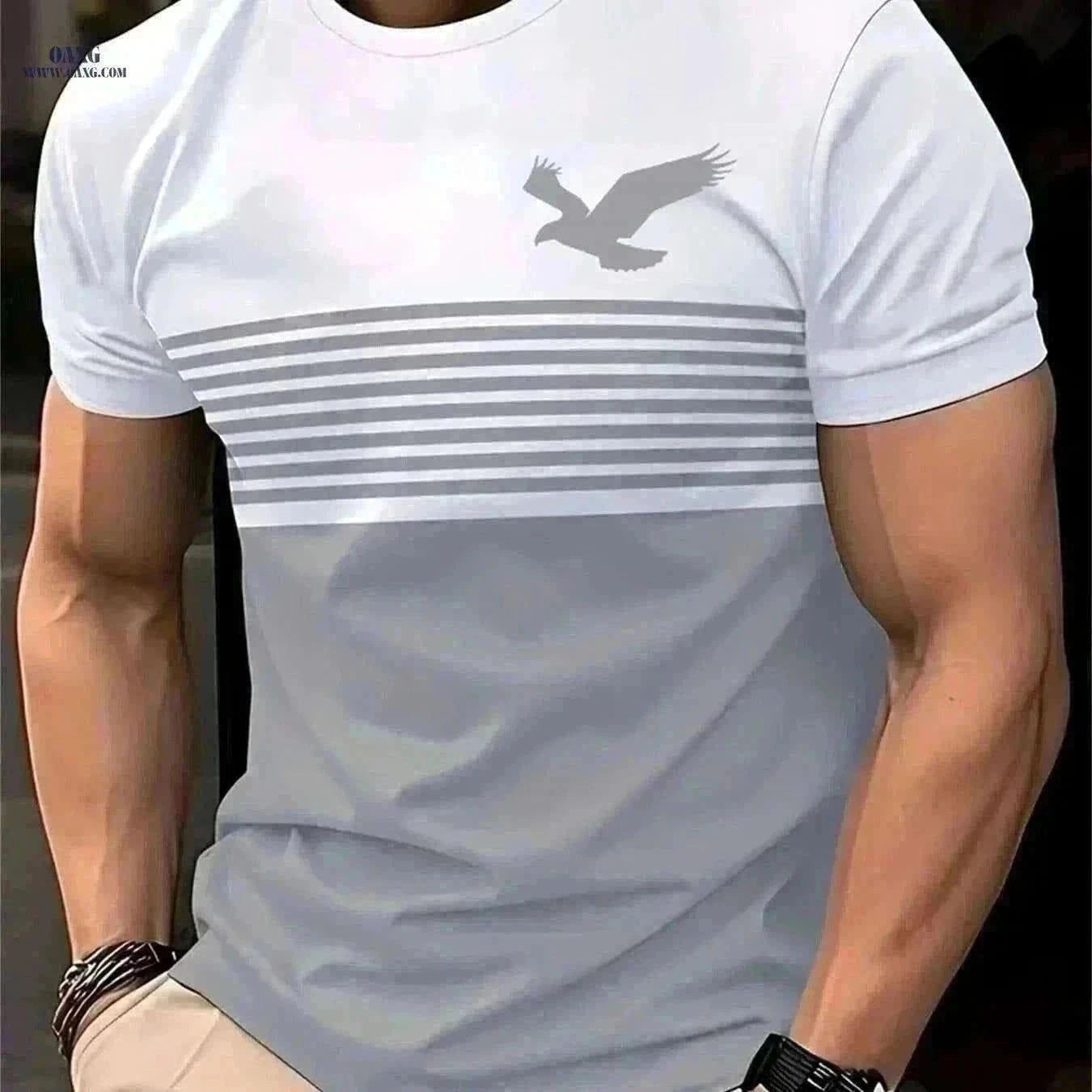 Men's Vintage Crew Neck T-Shirt - 3D Eagle Pattern, Casual Fit   OAXG Green / S