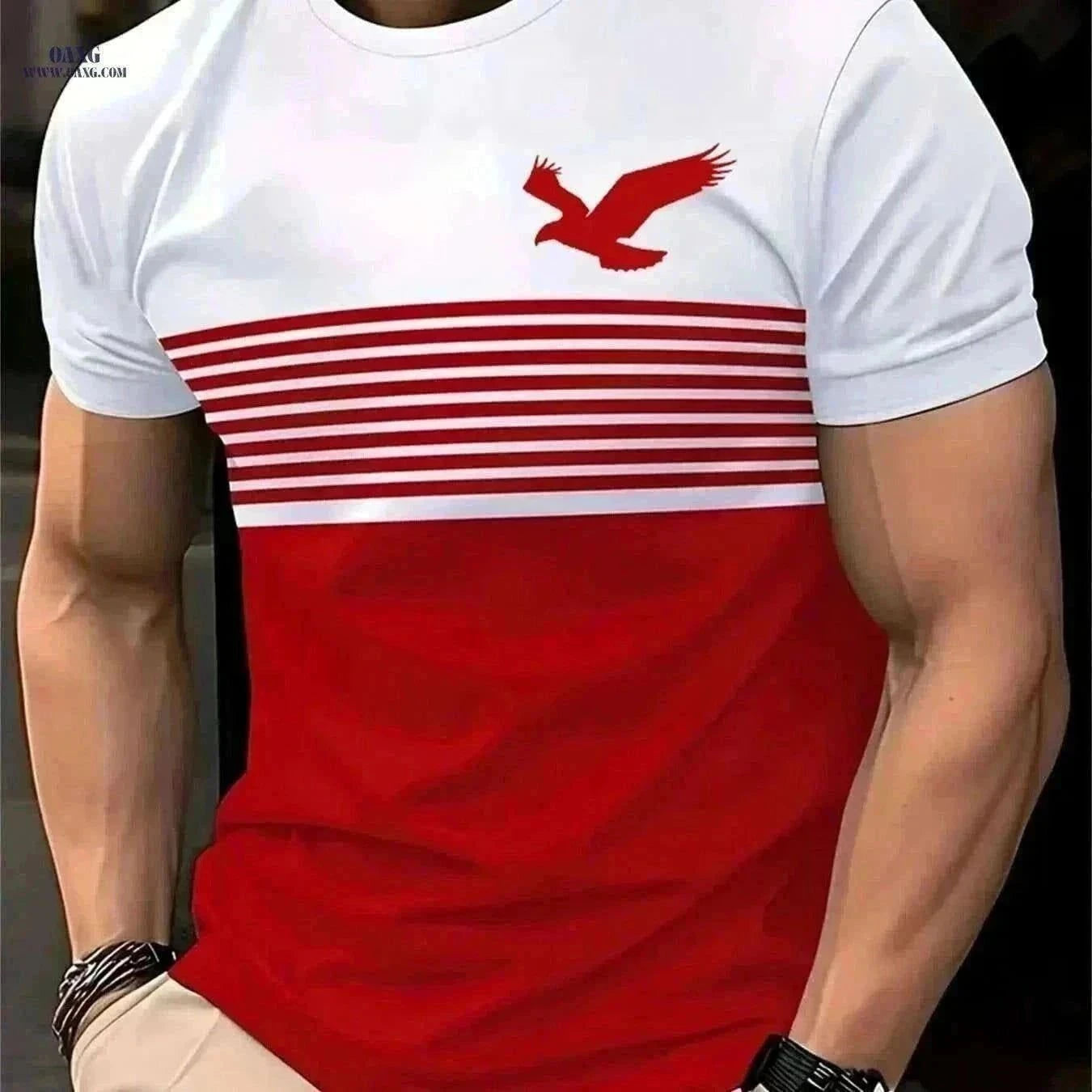 Men's Vintage Crew Neck T-Shirt - 3D Eagle Pattern, Casual Fit   OAXG Green / S