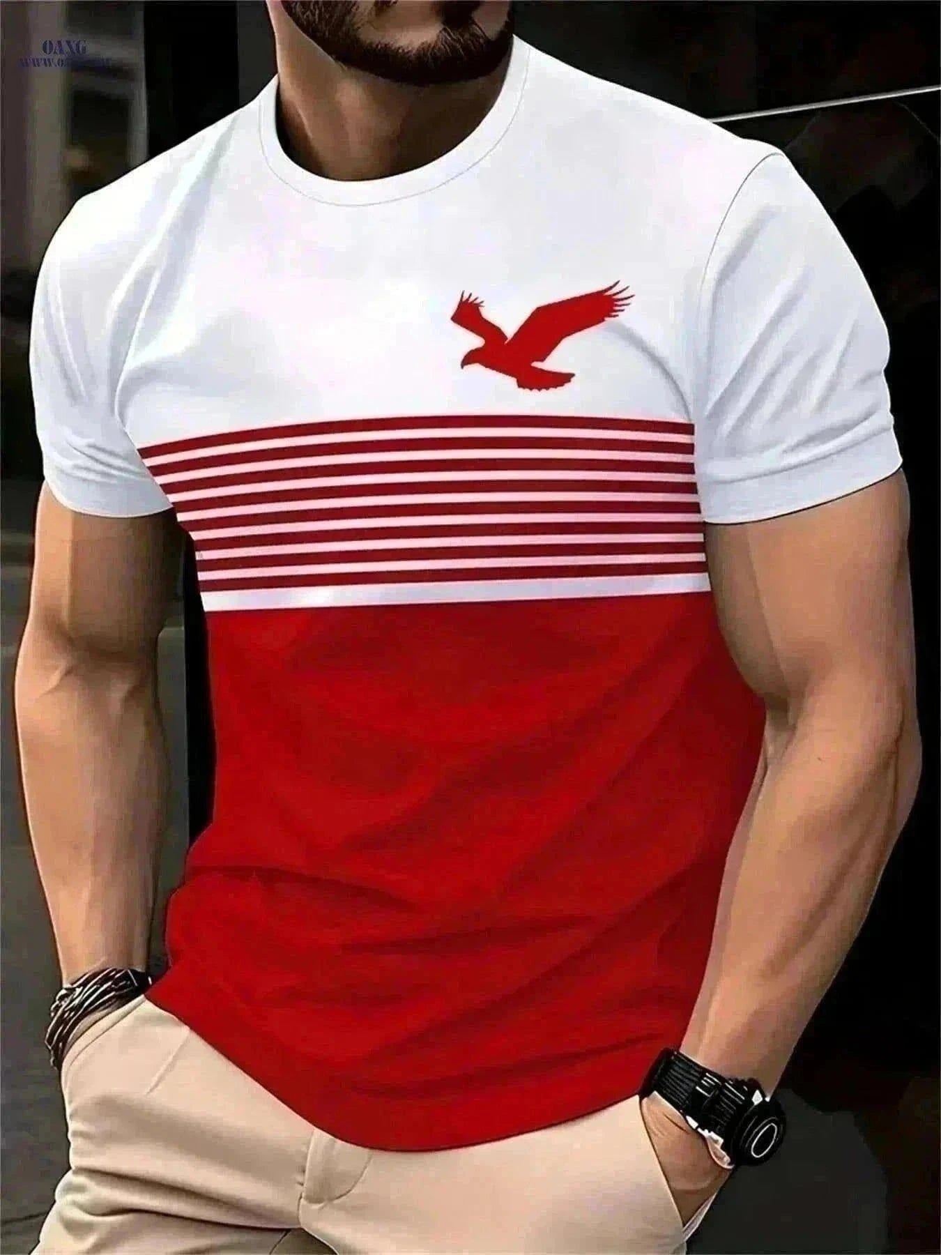Men's Vintage Crew Neck T-Shirt - 3D Eagle Pattern, Casual Fit   OAXG Green / S