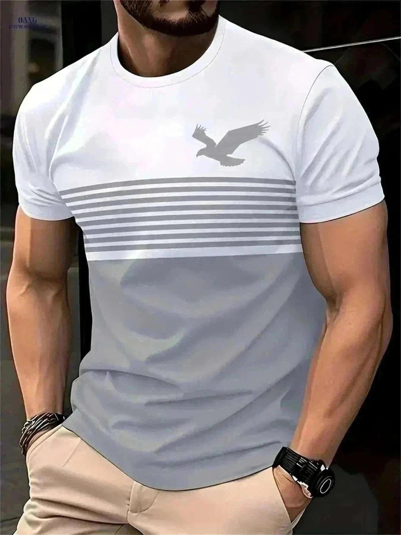 Men's Vintage Crew Neck T-Shirt - 3D Eagle Pattern, Casual Fit   OAXG Green / S