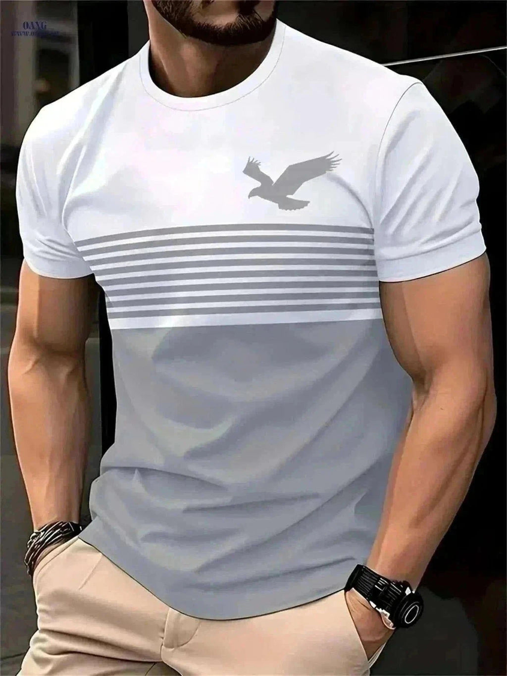 Men's Vintage Crew Neck T-Shirt - 3D Eagle Pattern, Casual Fit   OAXG Green / S