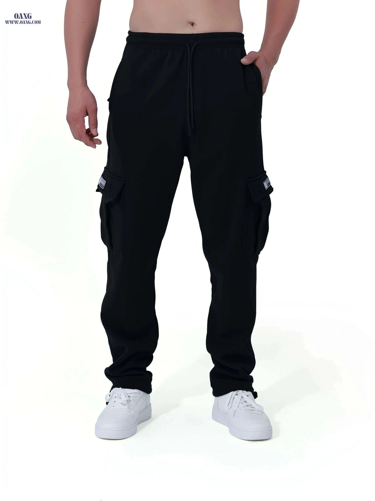 Men's Vintage Fleece-Lined Cargo Pants - Loose Fit for Winter Wear   OAXG Black / S