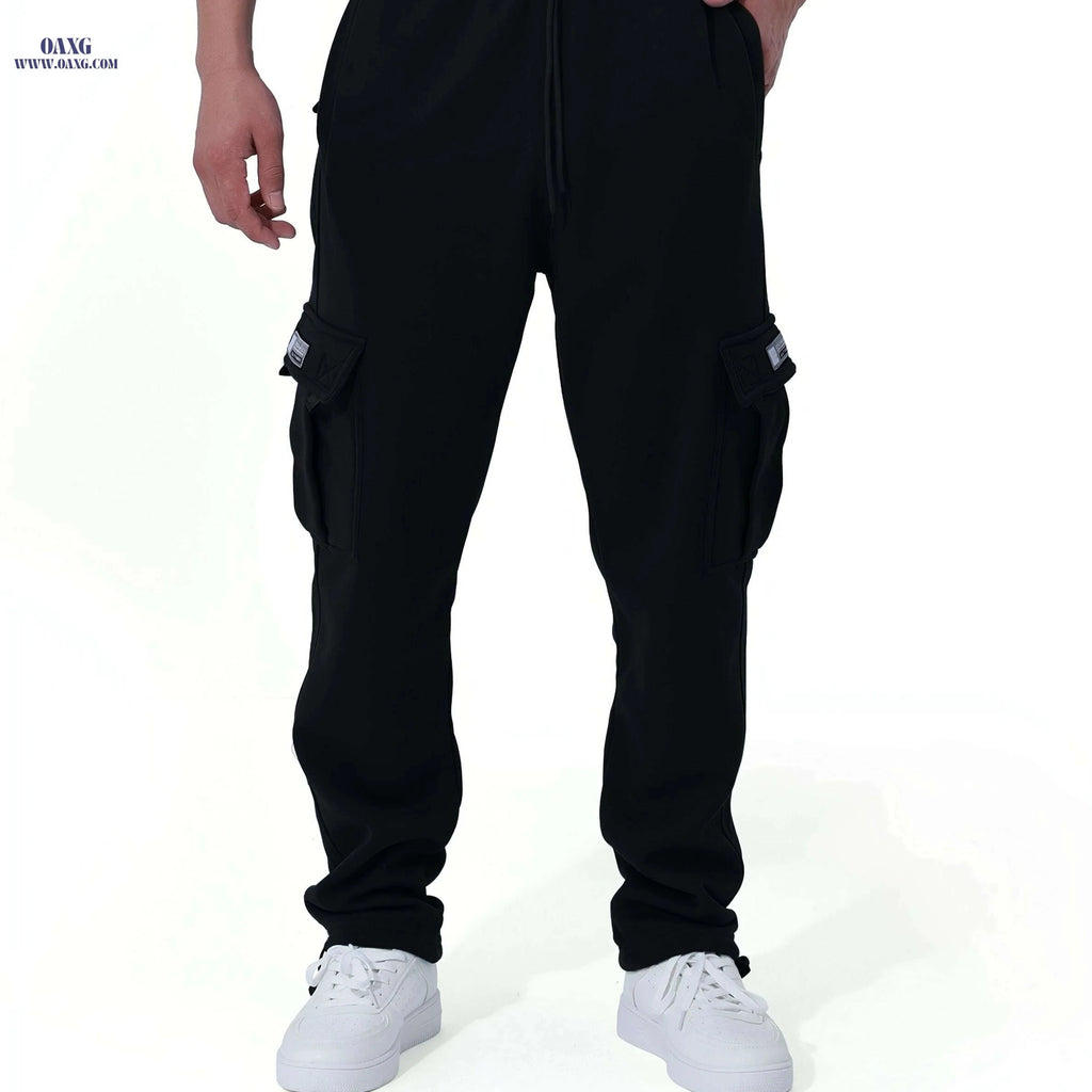 Men's Vintage Fleece-Lined Cargo Pants - Loose Fit for Winter Wear   OAXG Black / S