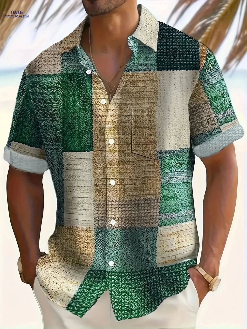 Men's Vintage Geometric Short Sleeve Shirt - Casual Summer Top   OAXG 