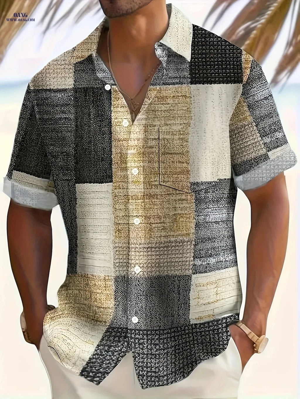 Men's Vintage Geometric Short Sleeve Shirt - Casual Summer Top   OAXG Mixed colors / FR M