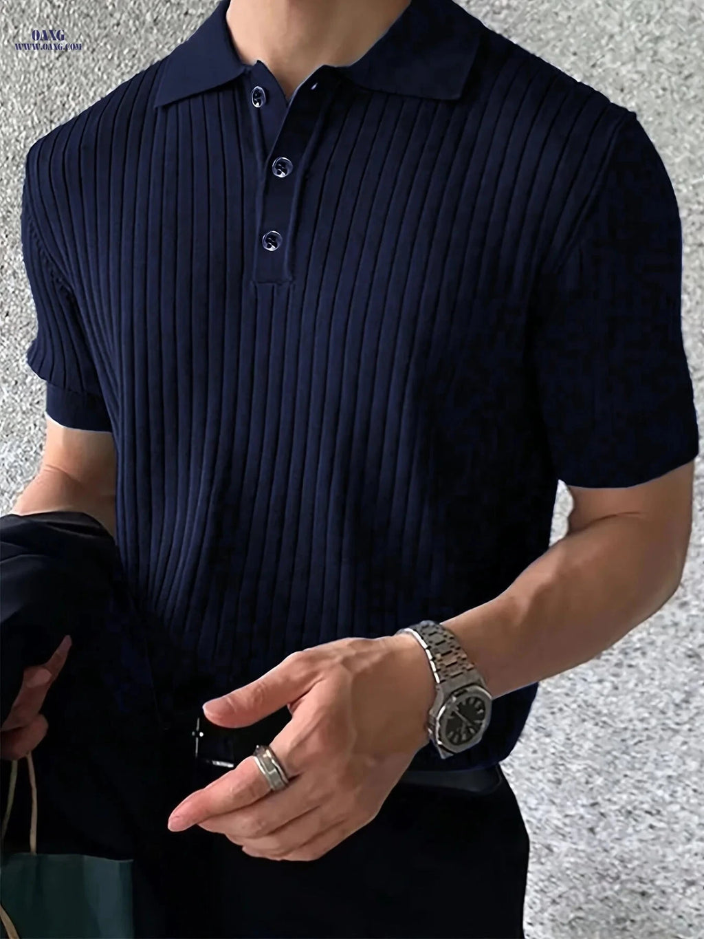 Men's Vintage Knit Polo Shirt - Casual Short Sleeve Button-Up   OAXG 