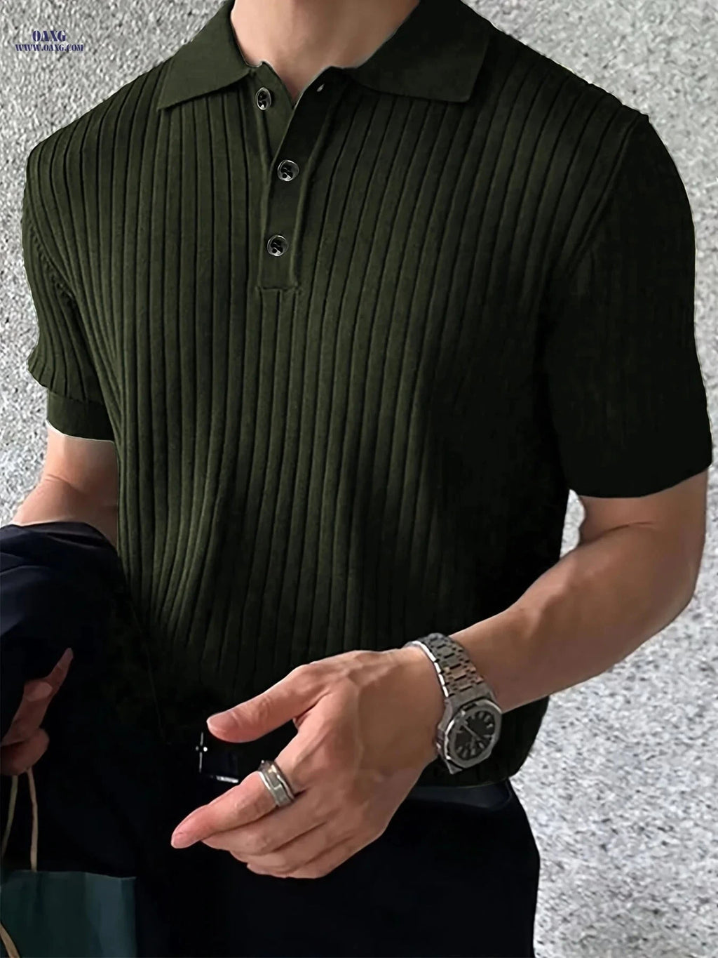 Men's Vintage Knit Polo Shirt - Casual Short Sleeve Button-Up   OAXG Black / FR S