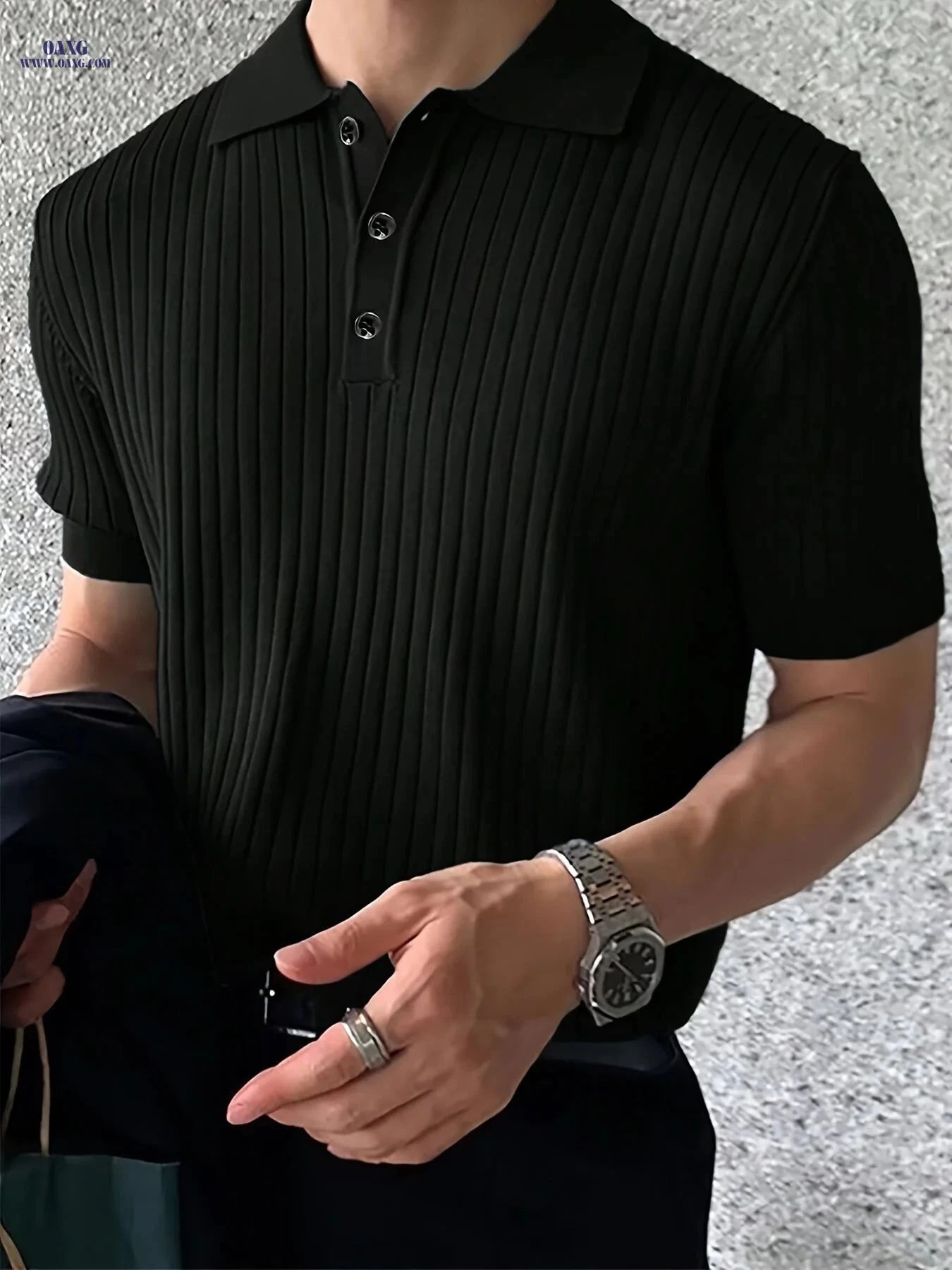 Men's Vintage Knit Polo Shirt - Casual Short Sleeve Button-Up   OAXG 