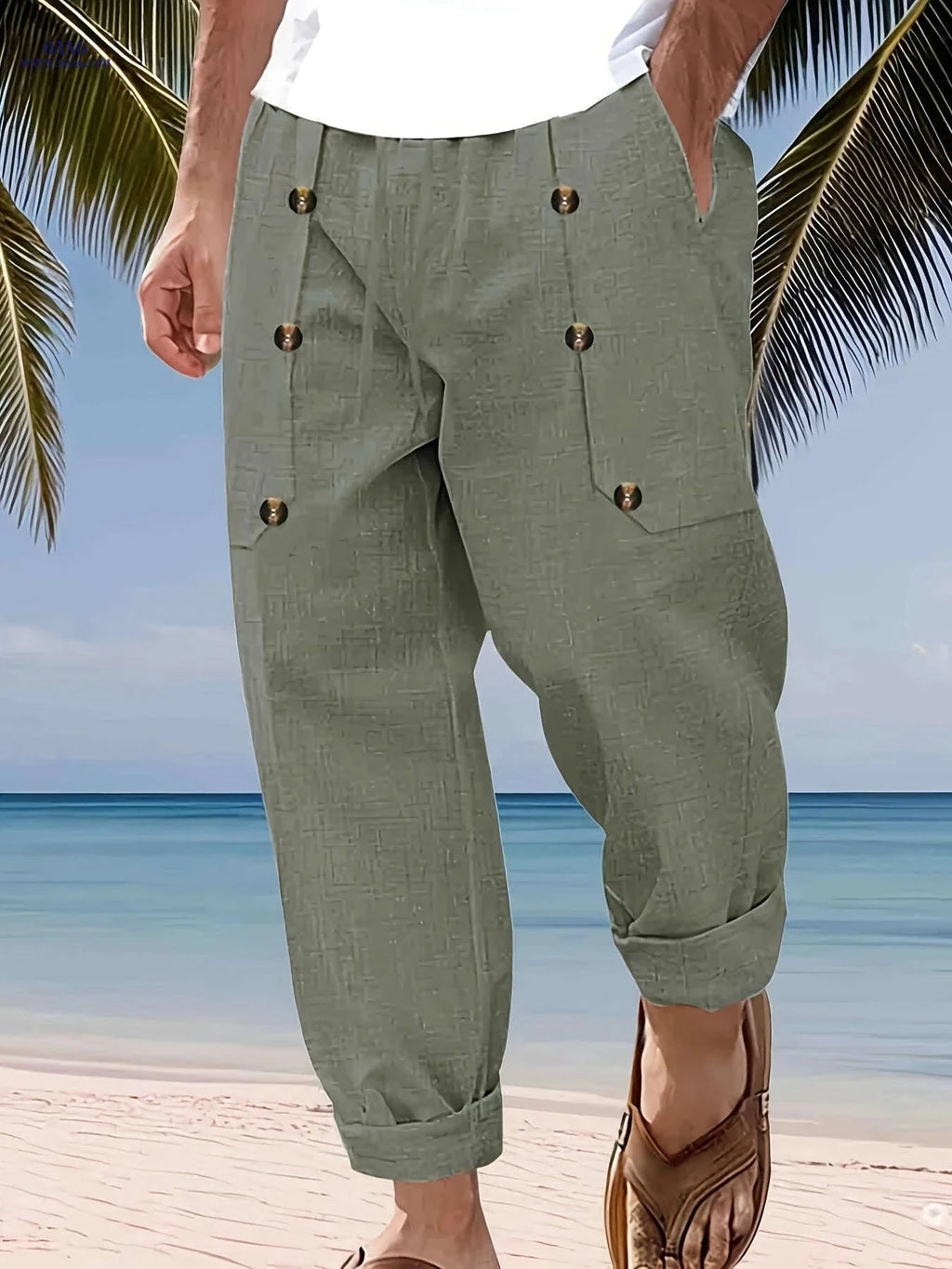 Men's Vintage Linen Pants - Lightweight, Breathable Straight-Leg Trousers   OAXG 