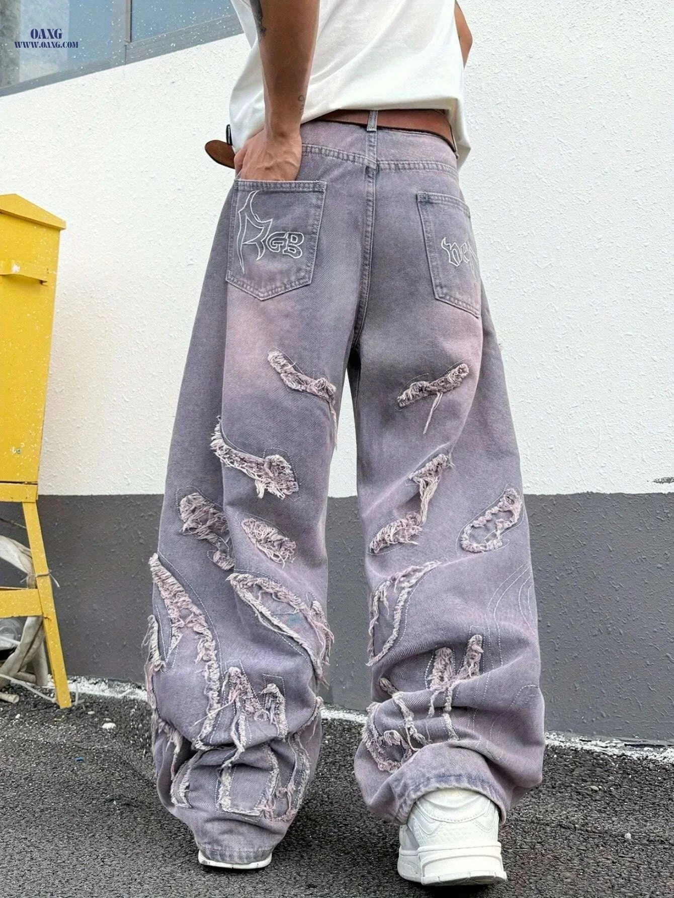 Men's Vintage Loose-Fit Jeans - Frayed Hem, Gradient Wash Style   OAXG 