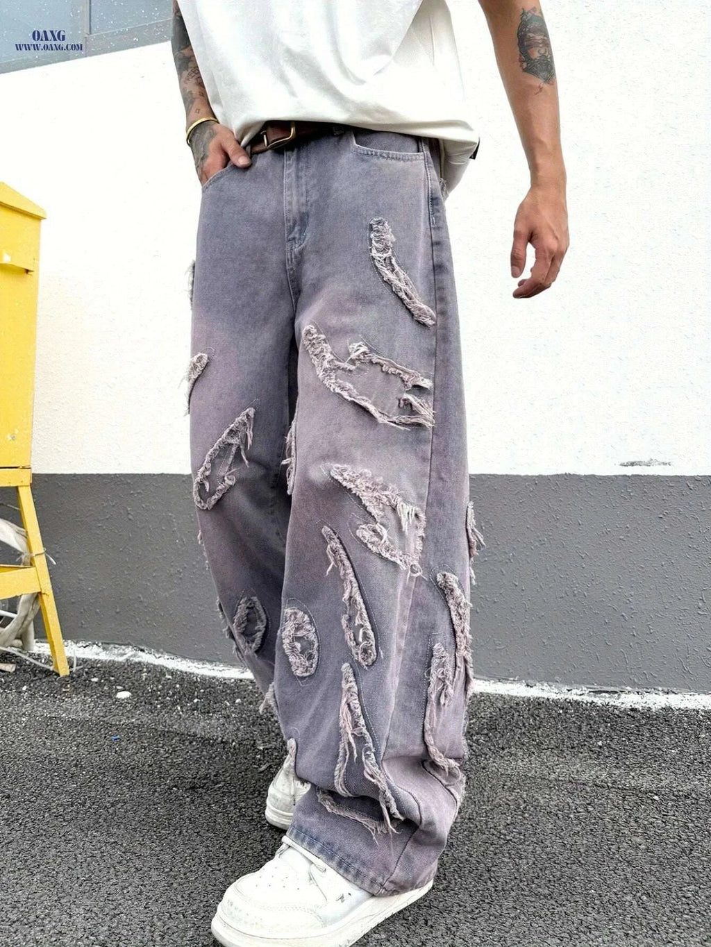Men's Vintage Loose-Fit Jeans - Frayed Hem, Gradient Wash Style   OAXG Fuchsia / XS