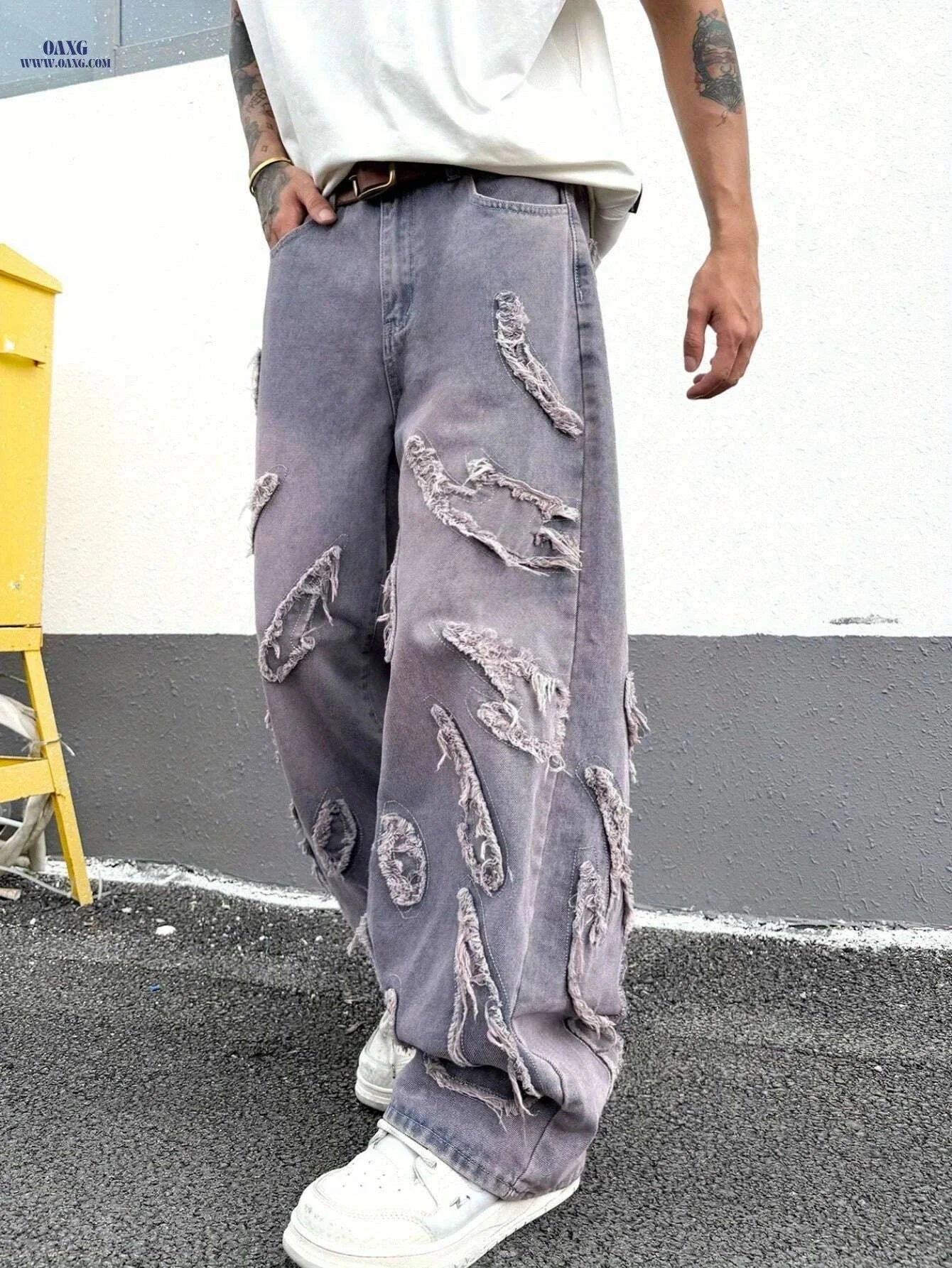 Men's Vintage Loose-Fit Jeans - Frayed Hem, Gradient Wash Style   OAXG Fuchsia / XS
