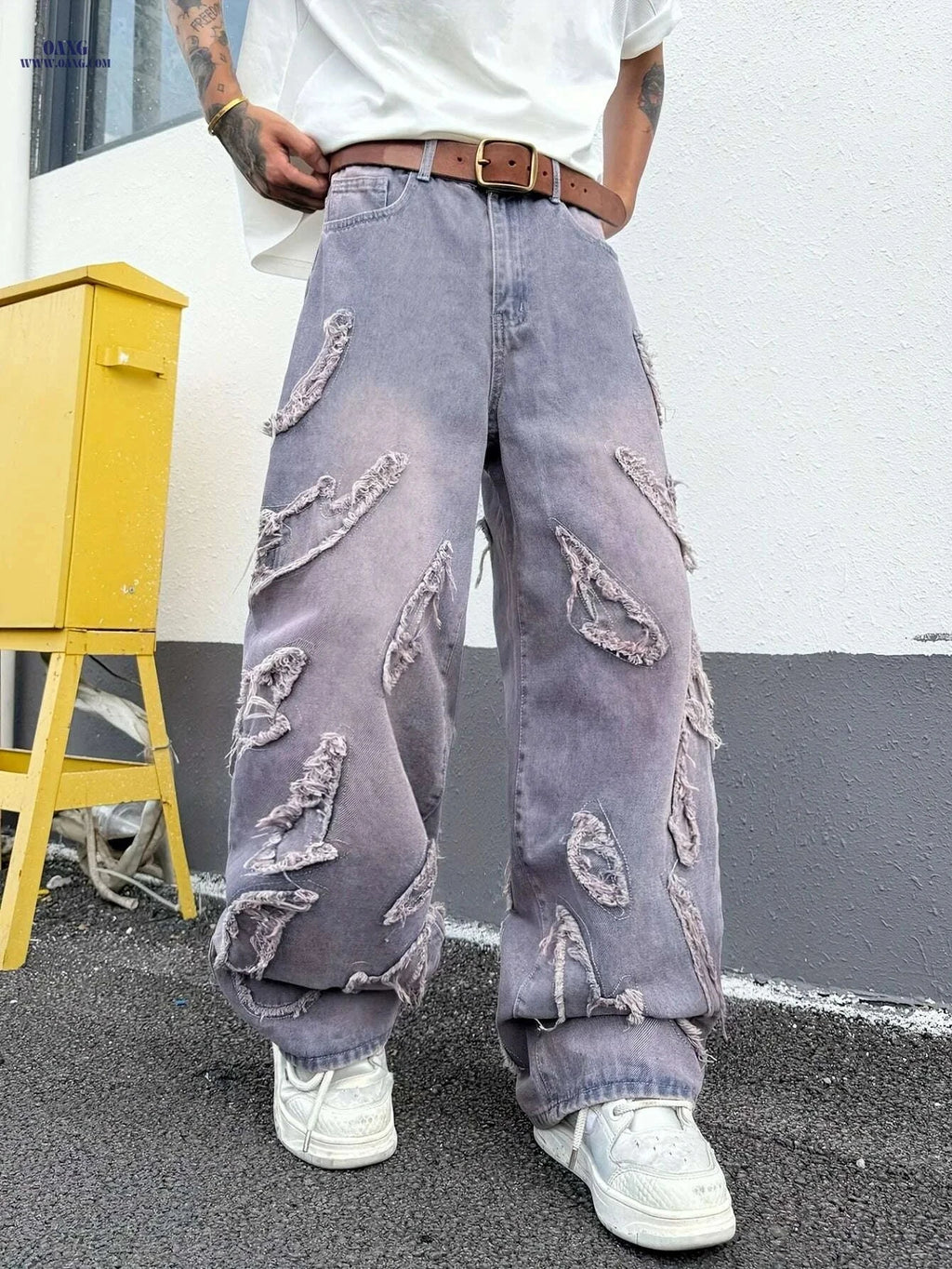 Men's Vintage Loose-Fit Jeans - Frayed Hem, Gradient Wash Style   OAXG Fuchsia / XS