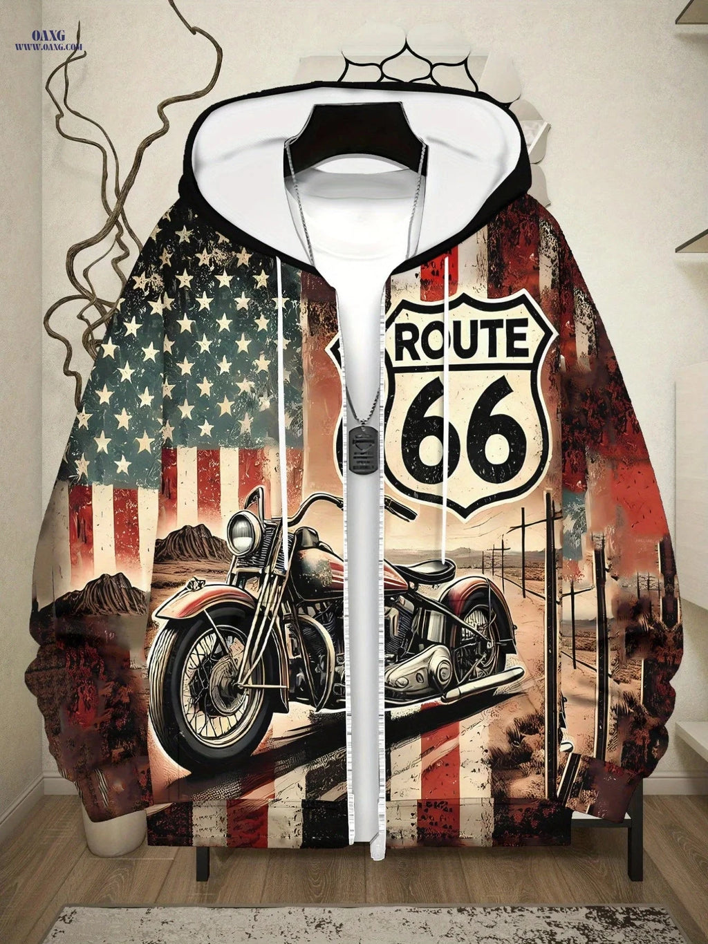 Men's Vintage Motorcycle Print Hoodie - Zippered Sportswear for Travel   OAXG 