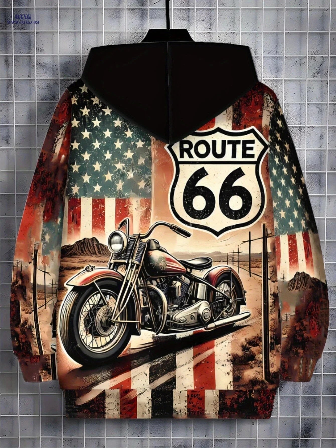 Men's Vintage Motorcycle Print Hoodie - Zippered Sportswear for Travel   OAXG 
