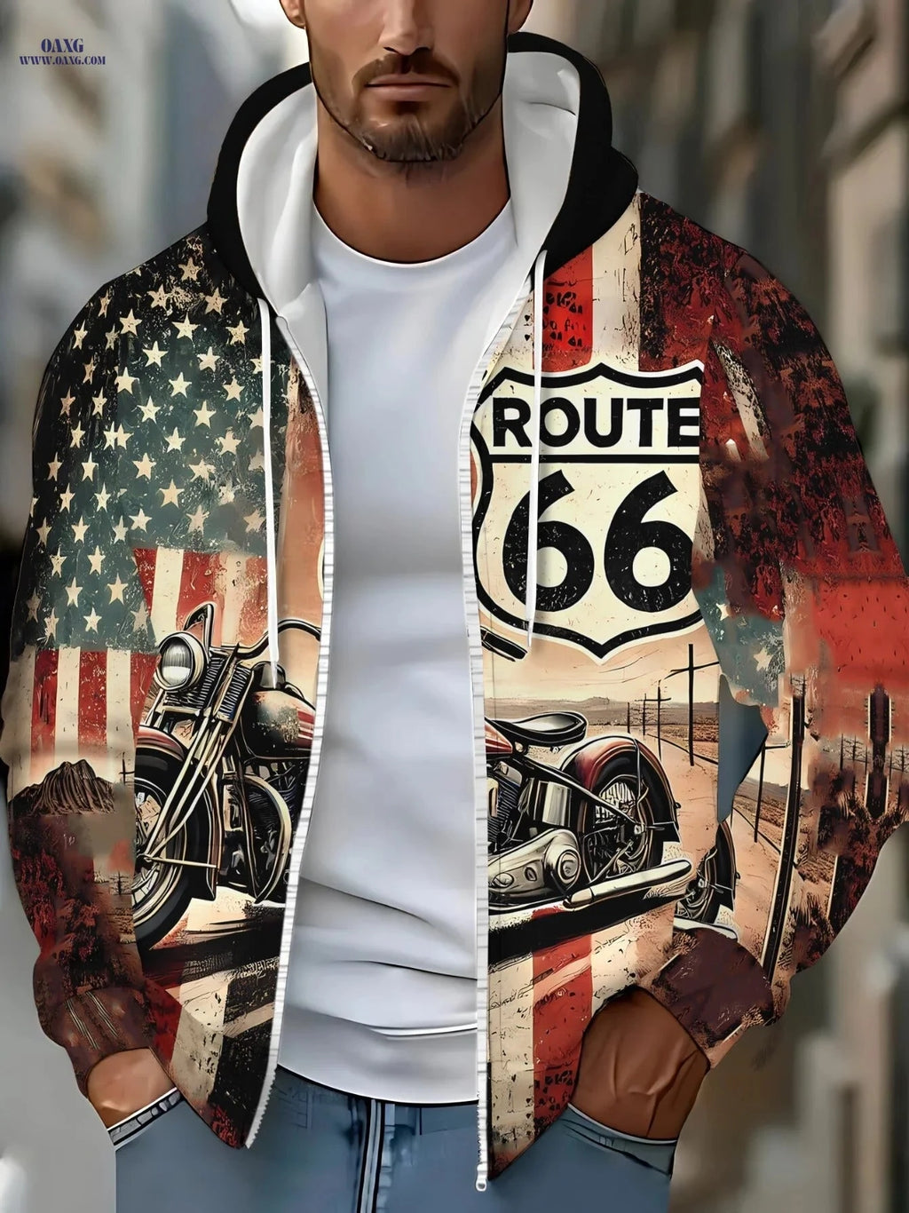 Men's Vintage Motorcycle Print Hoodie - Zippered Sportswear for Travel   OAXG 【Multicolor】 / FR M