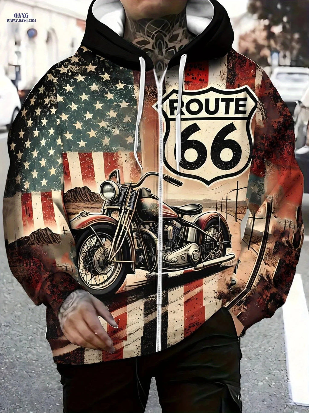 Men's Vintage Motorcycle Print Hoodie - Zippered Sportswear for Travel   OAXG 【Multicolor】 / FR M