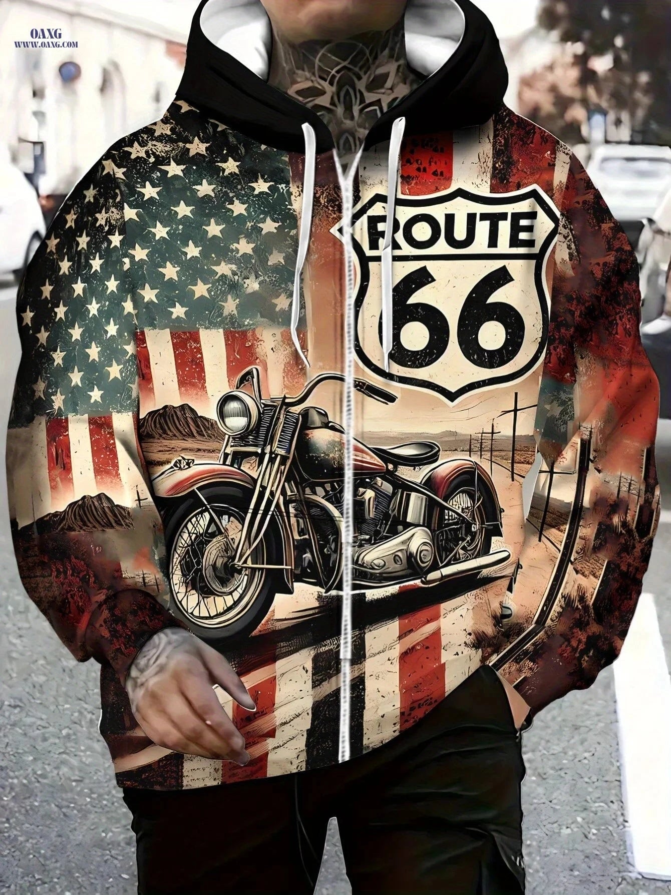 Men's Vintage Motorcycle Print Hoodie - Zippered Sportswear for Travel   OAXG 【Multicolor】 / FR M