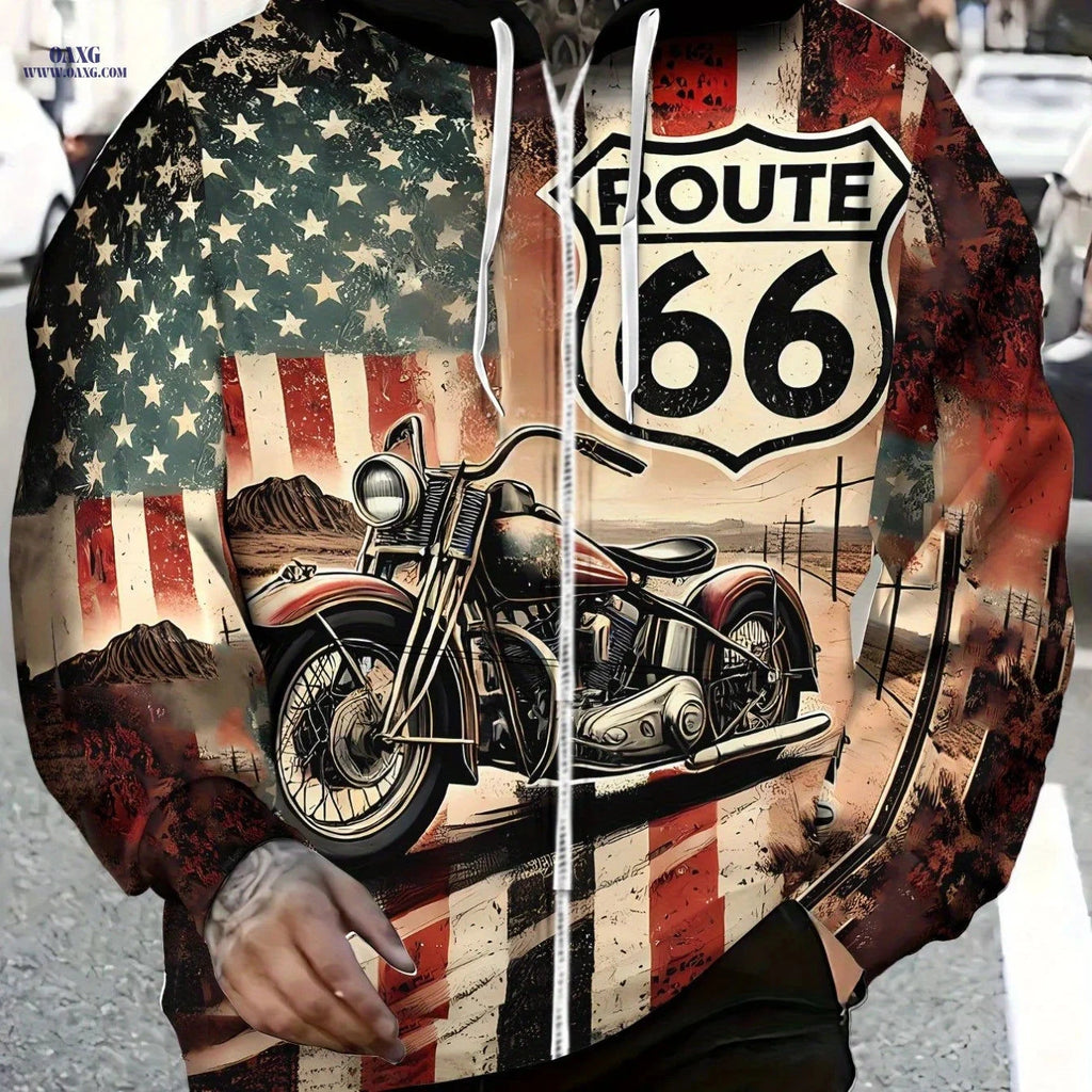 Men's Vintage Motorcycle Print Hoodie - Zippered Sportswear for Travel   OAXG 【Multicolor】 / FR M