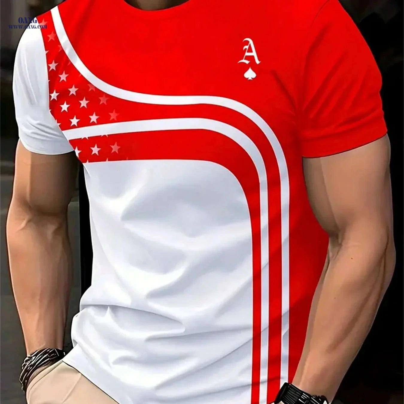 Men's Vintage Poker Graphic Tee - Lightweight Red & White Summer Shirt   OAXG 