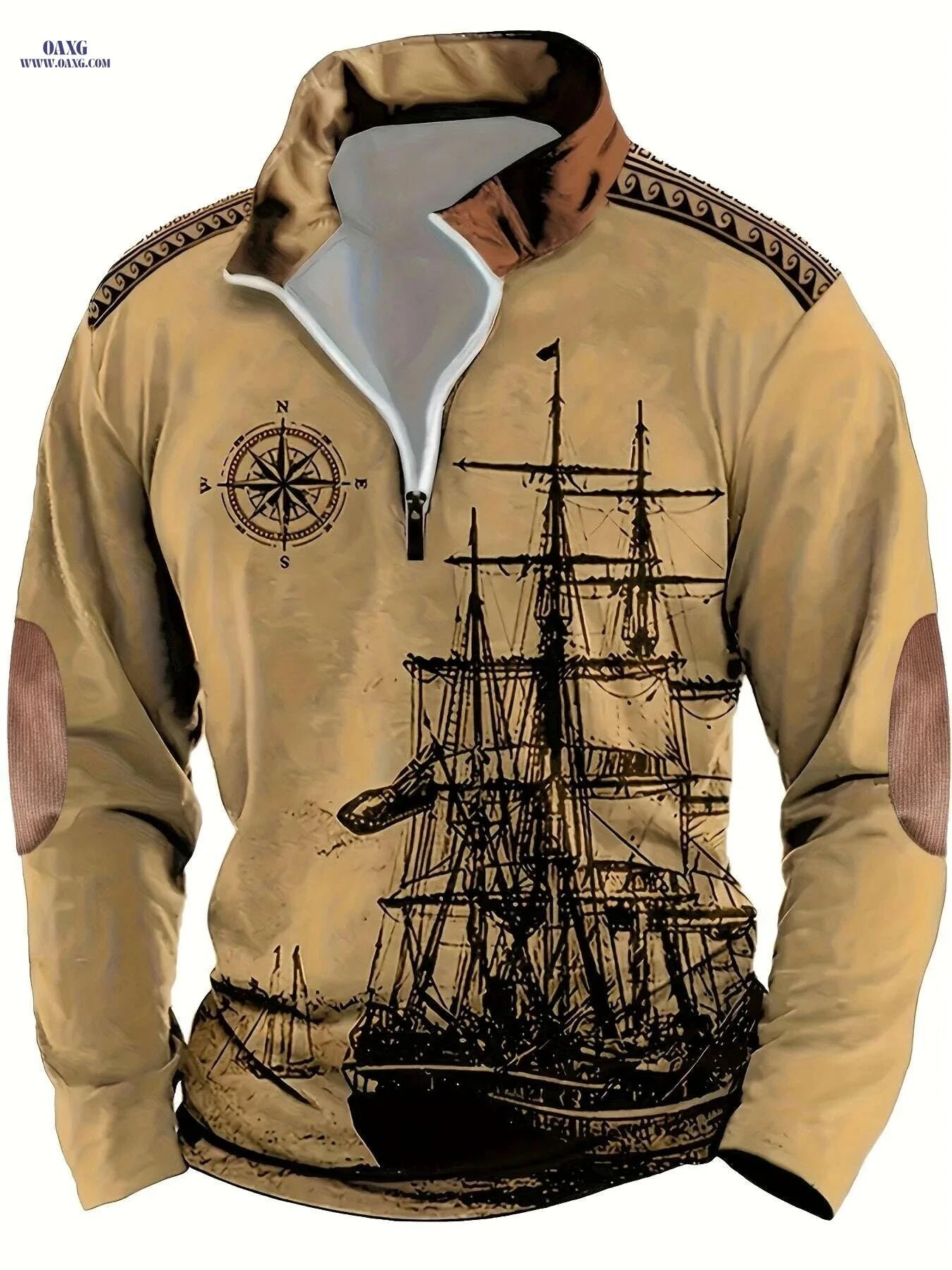 Men's Vintage Sailboat Print Long Sleeve Polo Shirt - Casual Fit   OAXG 