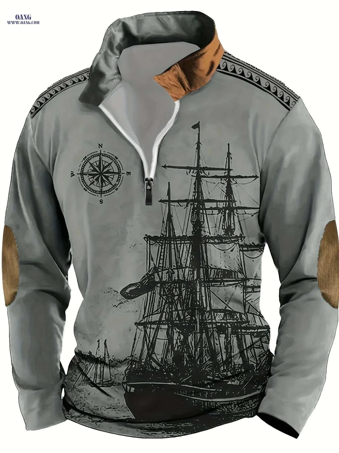 Men's Vintage Sailboat Print Long Sleeve Polo Shirt - Casual Fit   OAXG 