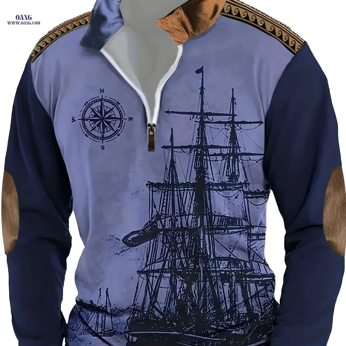 Men's Vintage Sailboat Print Long Sleeve Polo Shirt - Casual Fit   OAXG Silvery Grey / S