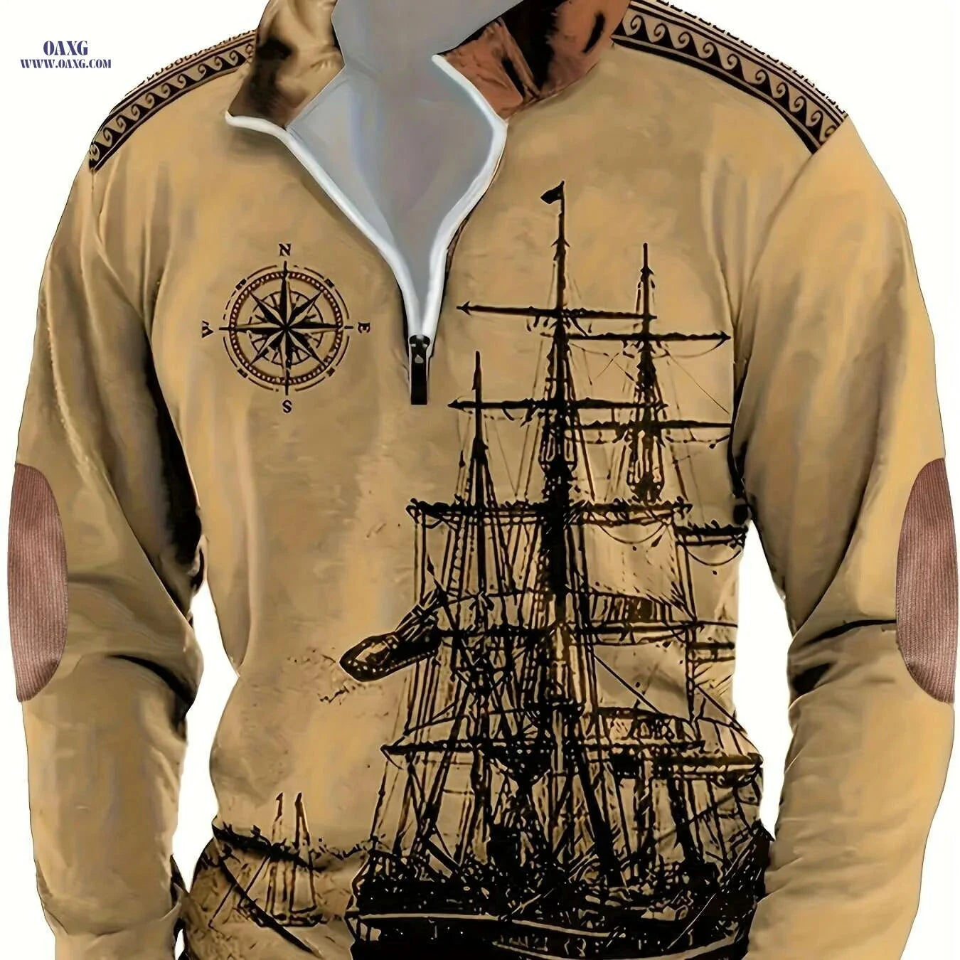 Men's Vintage Sailboat Print Long Sleeve Polo Shirt - Casual Fit   OAXG Silvery Grey / S