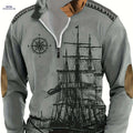 Men's Vintage Sailboat Print Long Sleeve Polo Shirt - Casual Fit   OAXG Silvery Grey / S