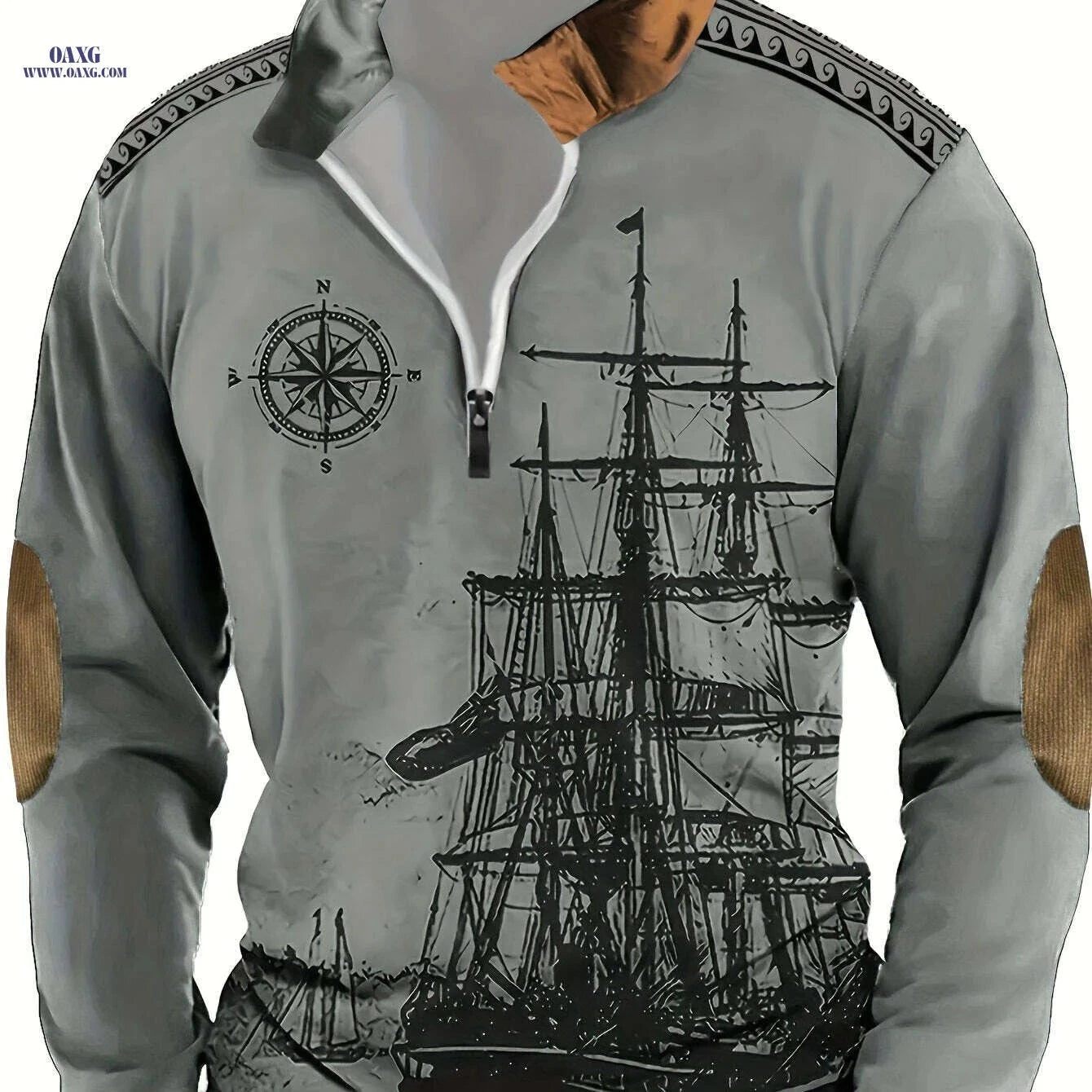 Men's Vintage Sailboat Print Long Sleeve Polo Shirt - Casual Fit   OAXG Silvery Grey / S