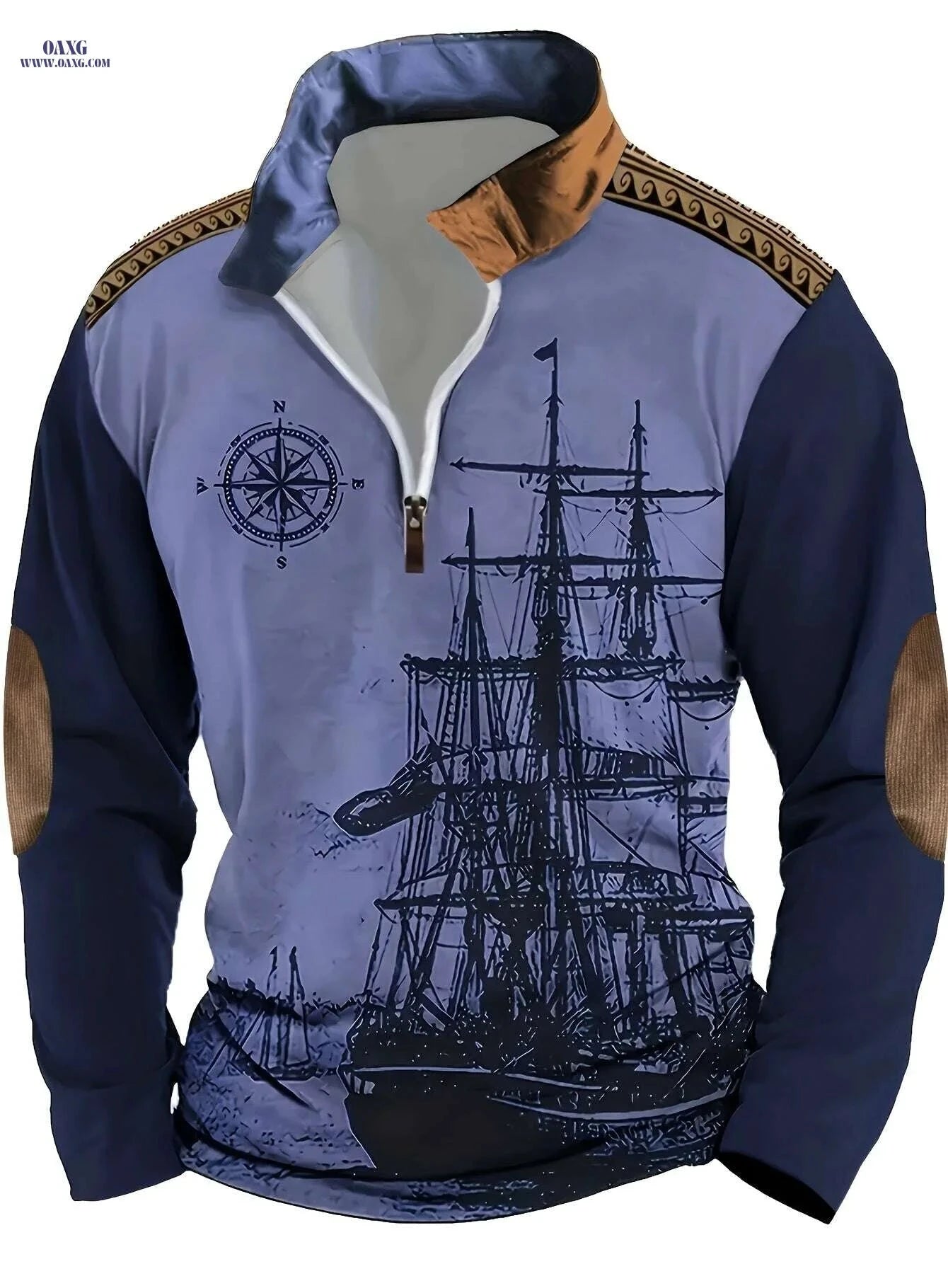 Men's Vintage Sailboat Print Long Sleeve Polo Shirt - Casual Fit   OAXG 