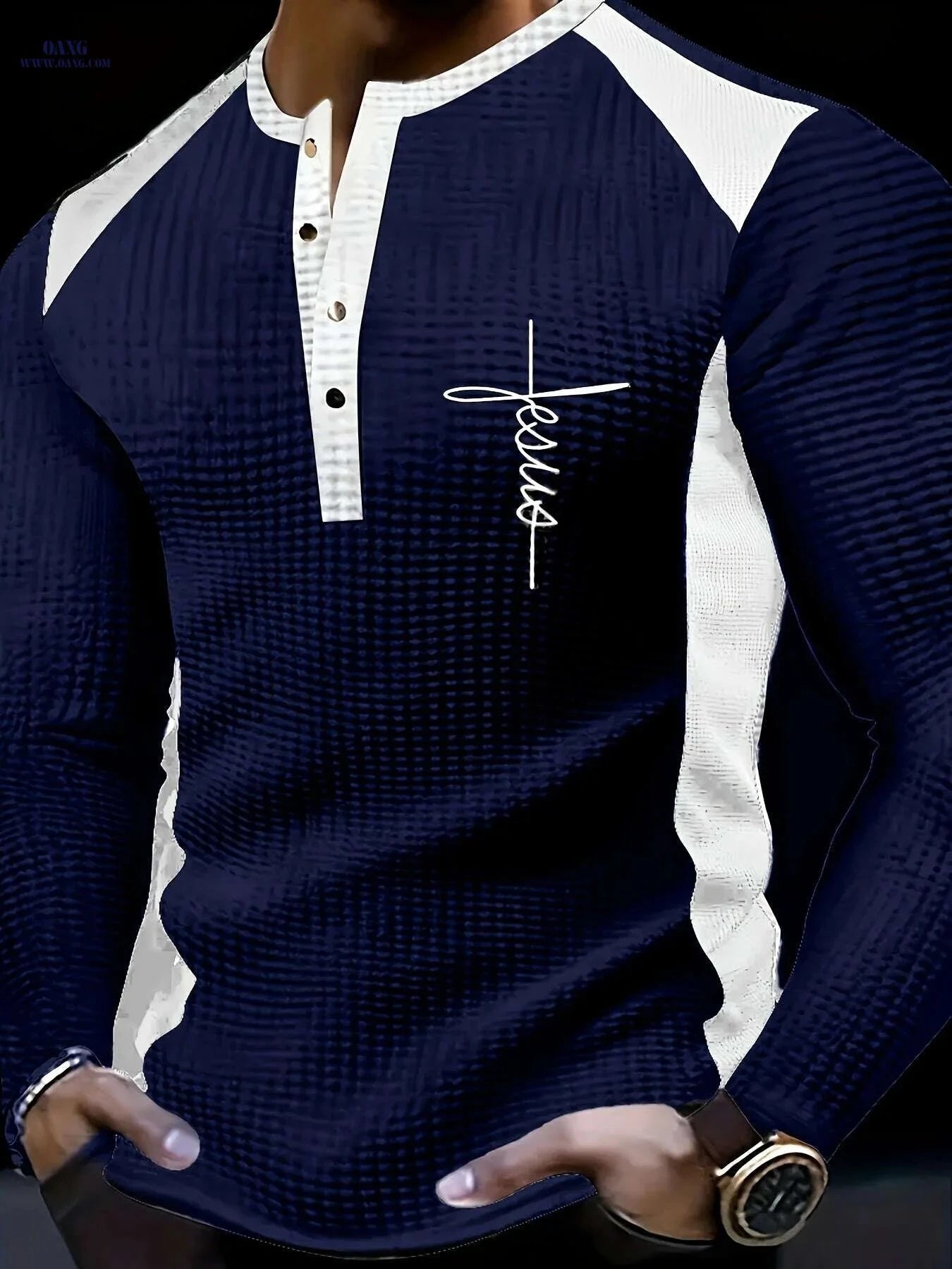 Men's Waffle Henley Shirt - Year-Round Casual Wear with Contrast Trim   OAXG 