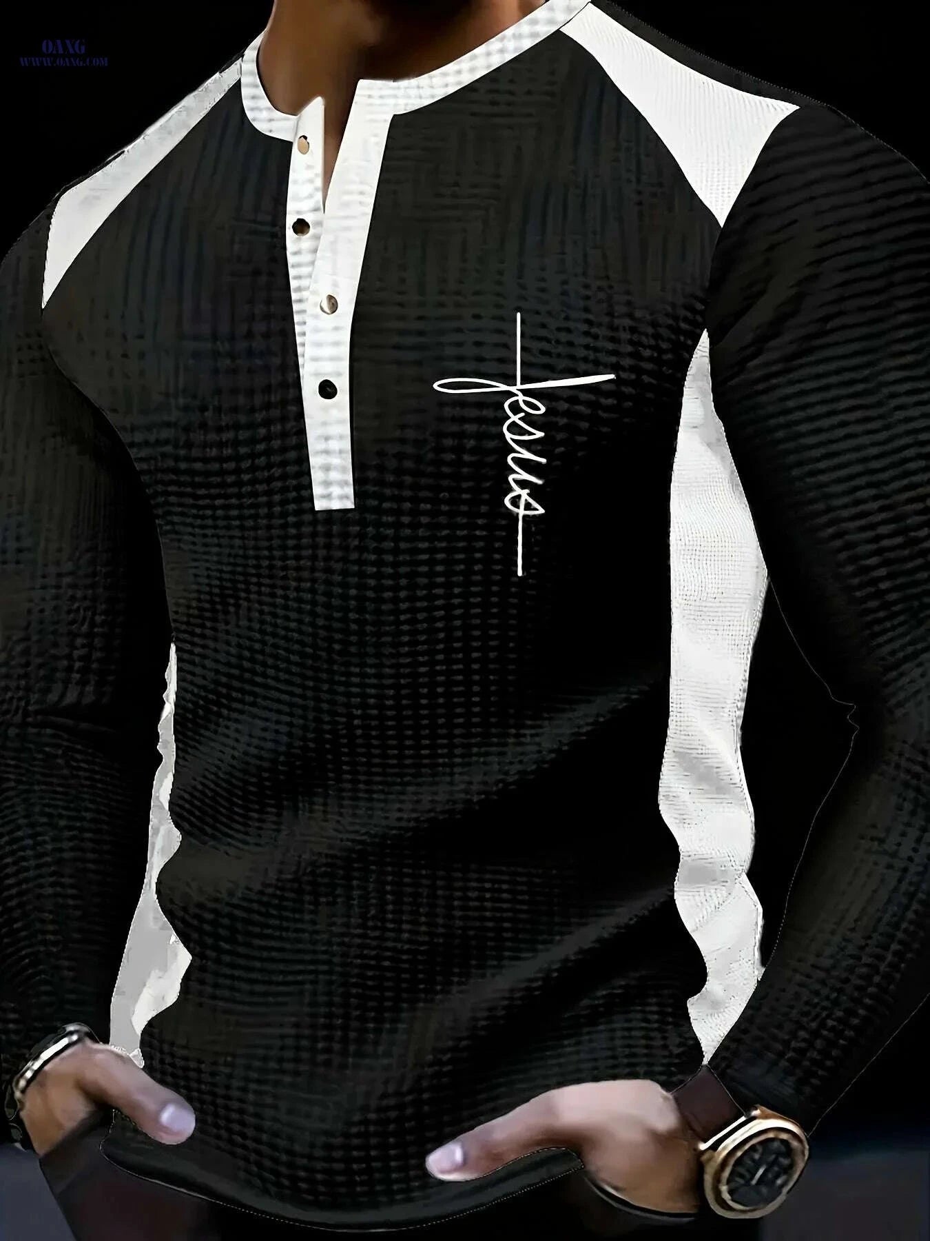 Men's Waffle Henley Shirt - Year-Round Casual Wear with Contrast Trim   OAXG White / S